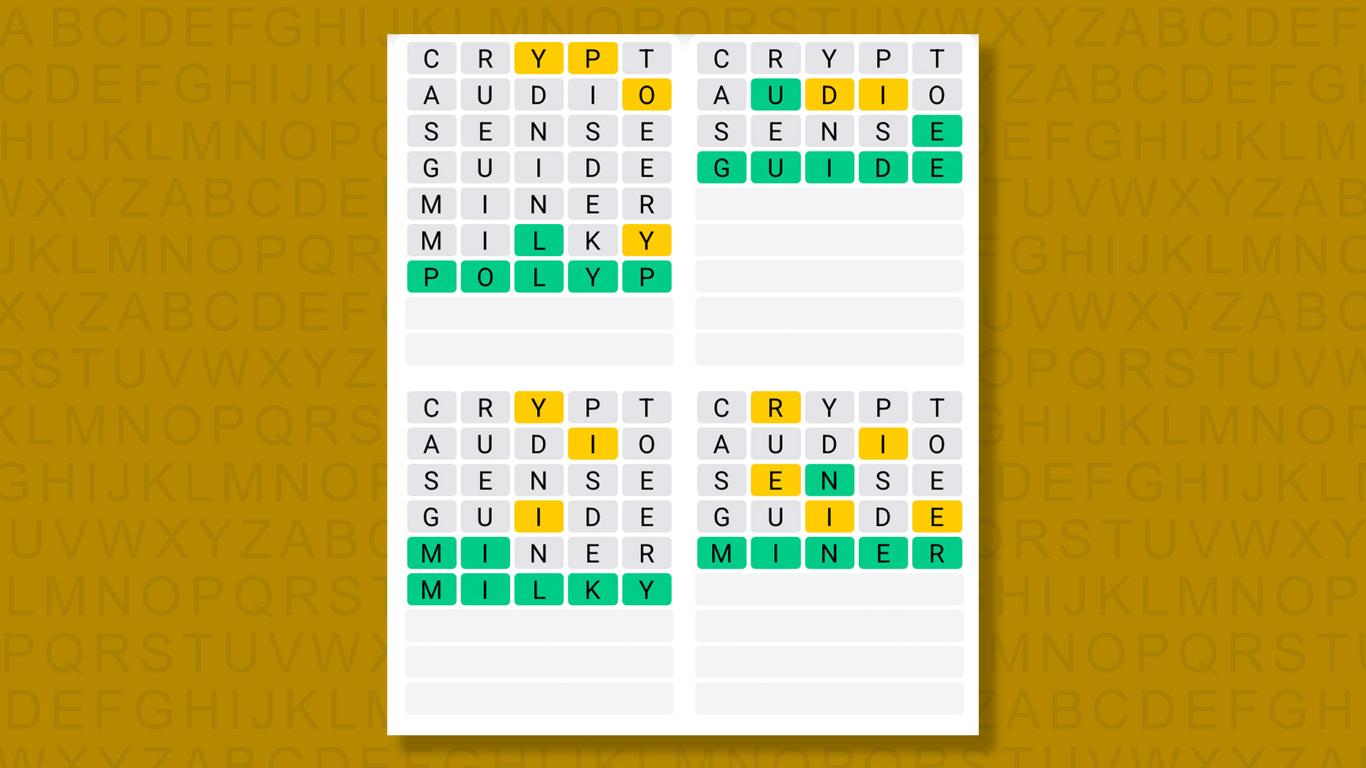 Quordle answers for game 1480 on a yellow background
