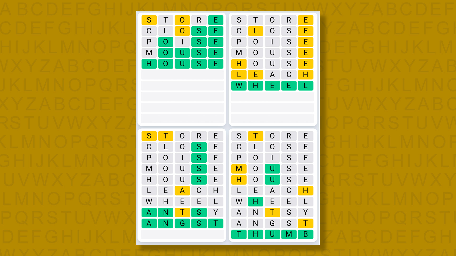 Quordle Daily Sequence answers for game 1487 on a yellow background
