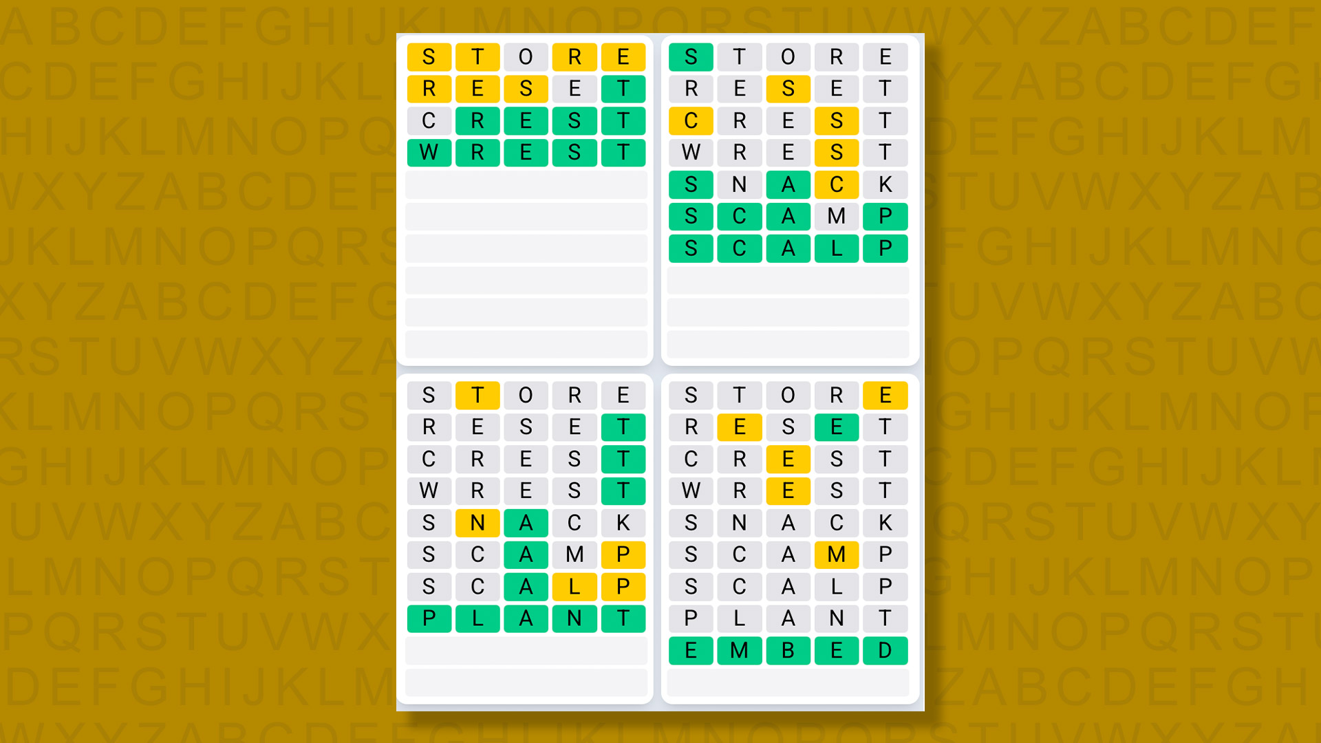 Quordle Daily Sequence answers for game 1494 on a yellow background