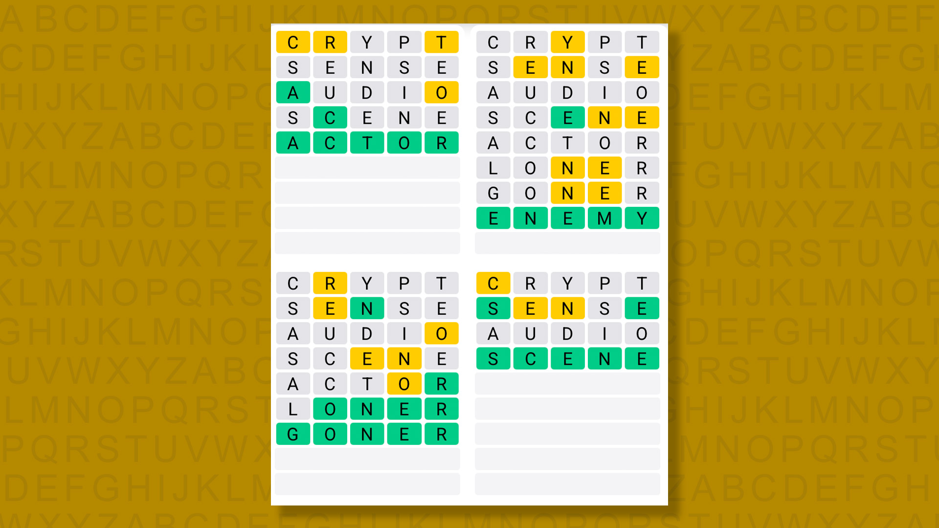 Quordle answers for game 1494 on a yellow background