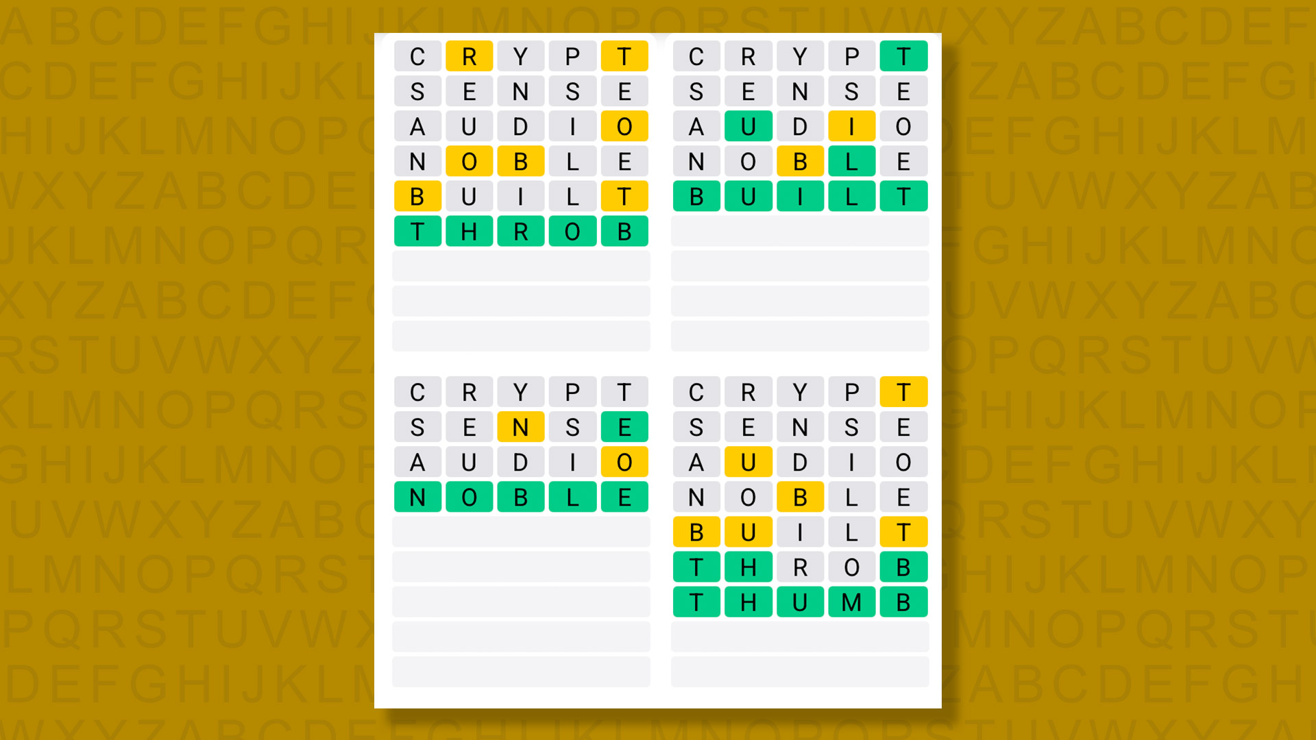 Quordle answers for game 1473 on a yellow background