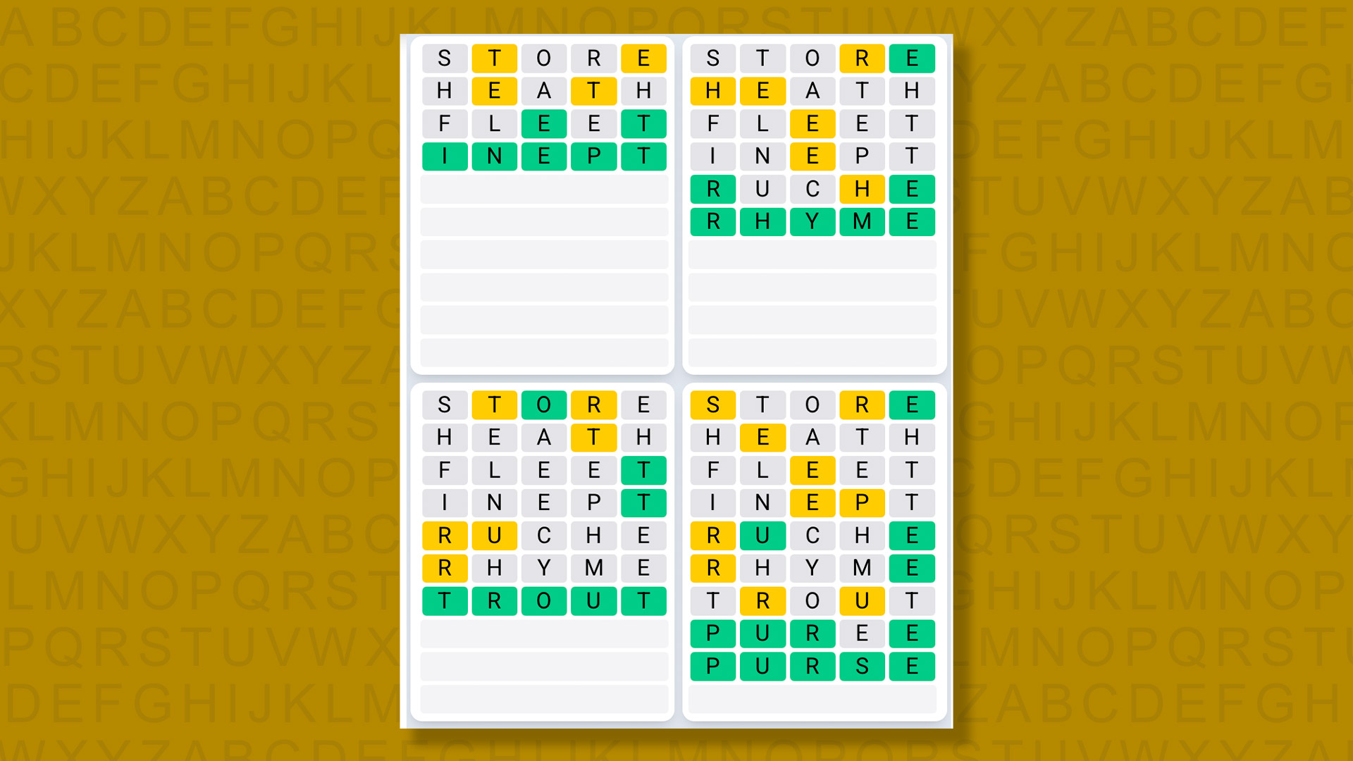 Quordle Daily Sequence answers for game 1485 on a yellow background