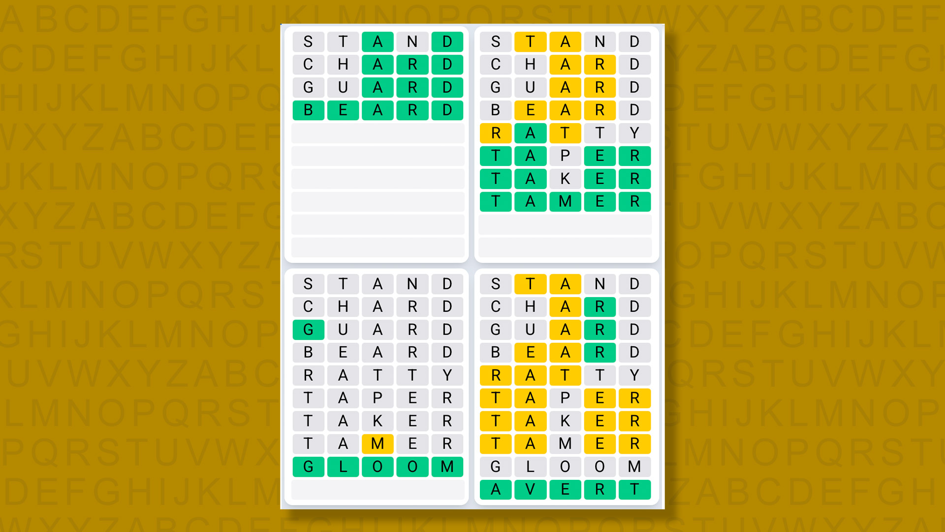 Quordle Daily Sequence answers for game 1492 on a yellow background