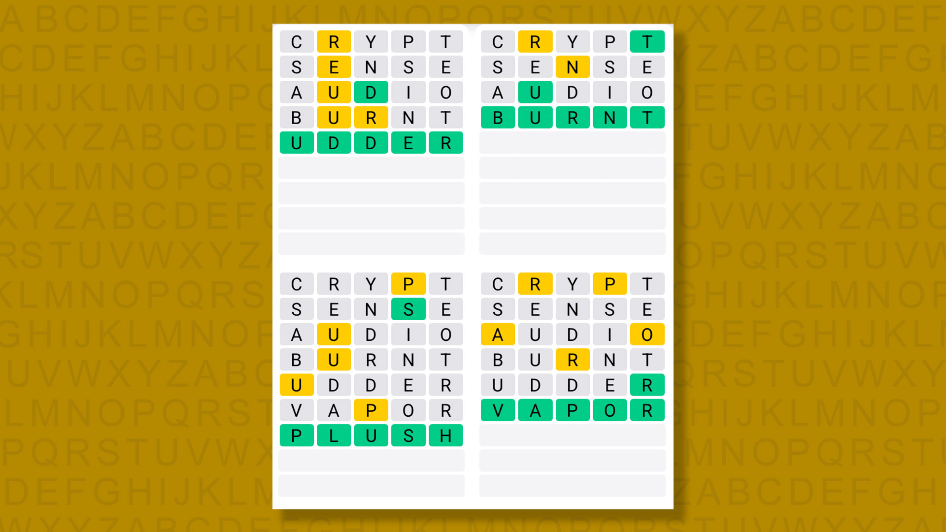 Quordle answers for game 1492 on a yellow background