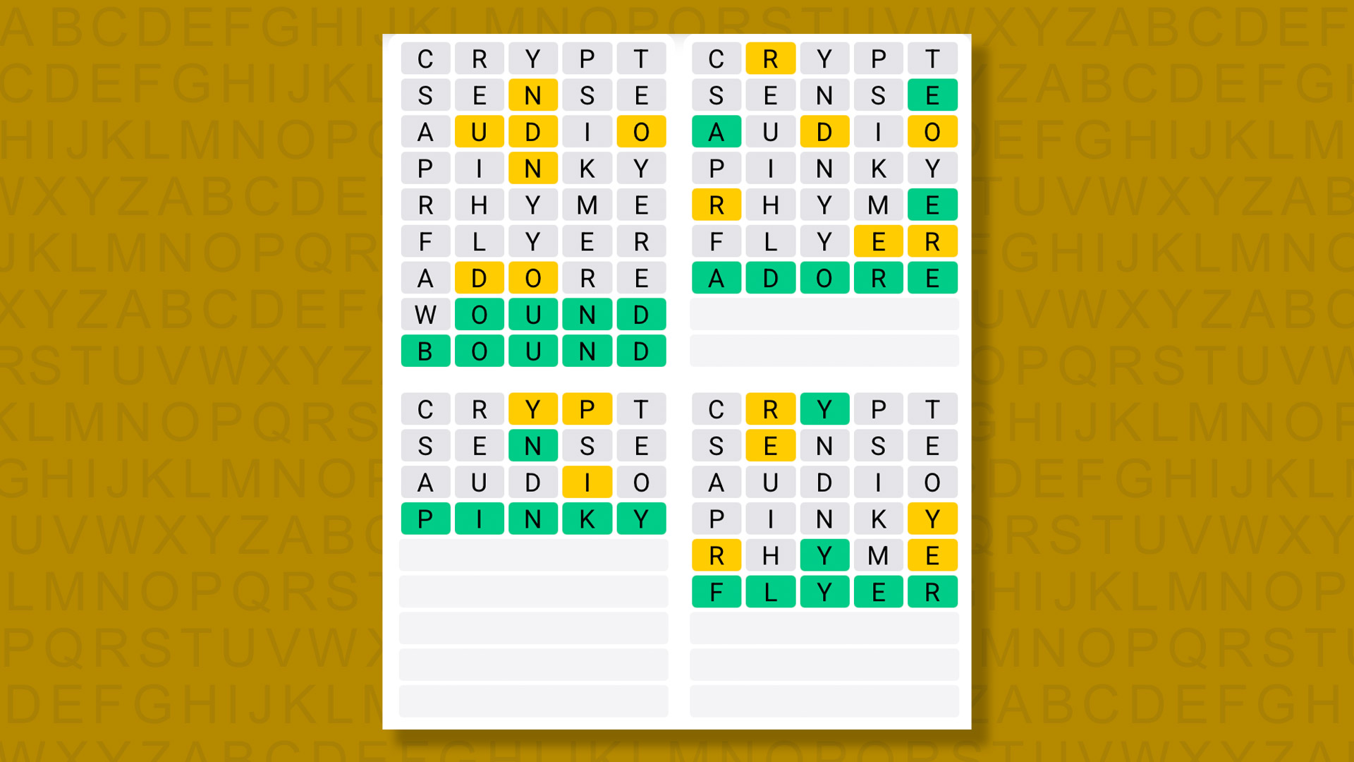 Quordle answers for game 1471 on a yellow background