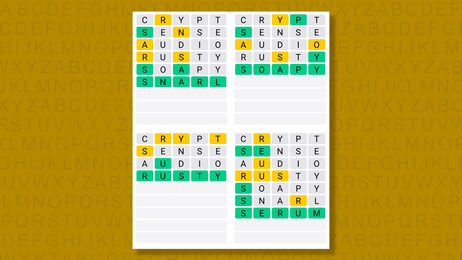 Quordle answers for game 1486 on a yellow background
