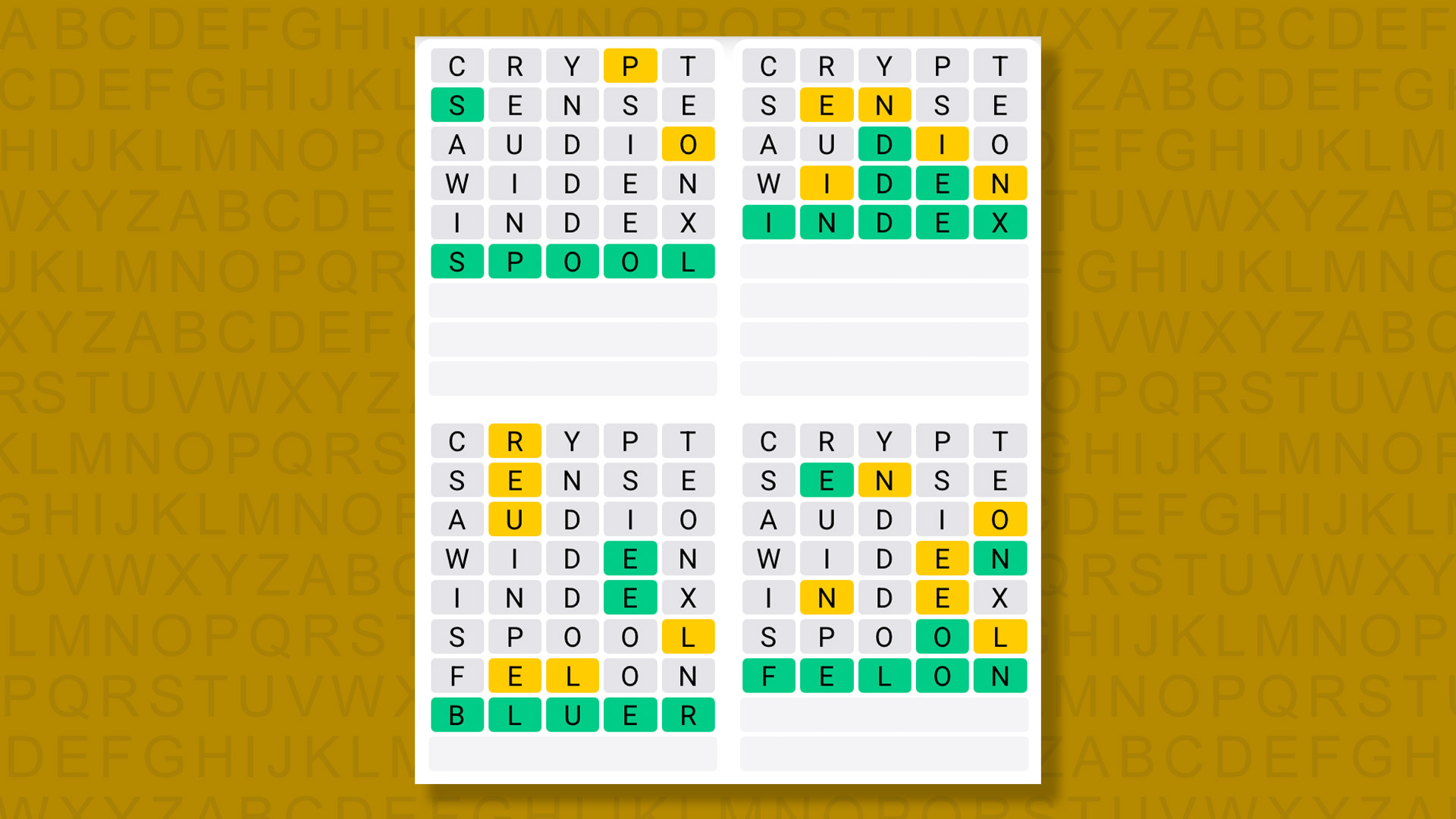 Quordle answers for game 1493 on a yellow background