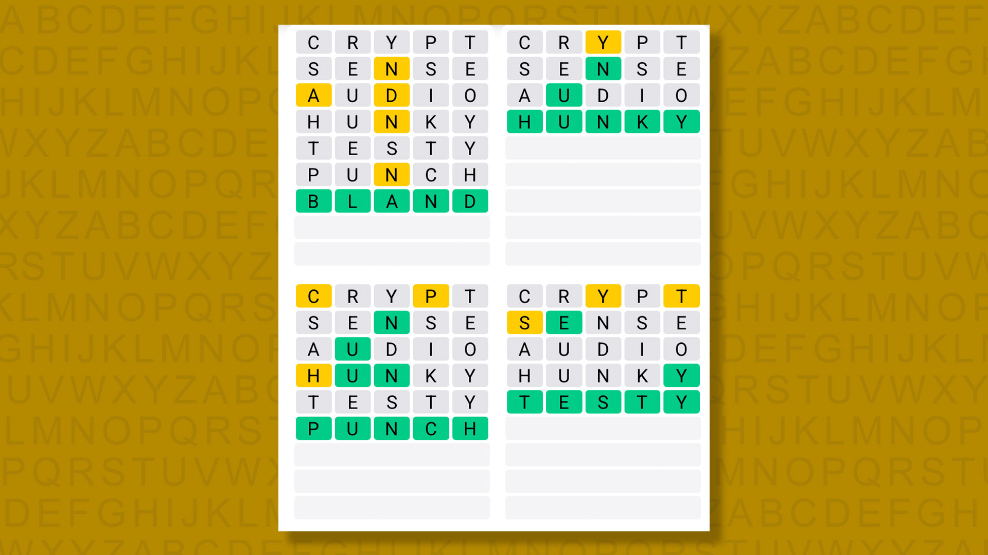 Quordle answers for game 1472 on a yellow background