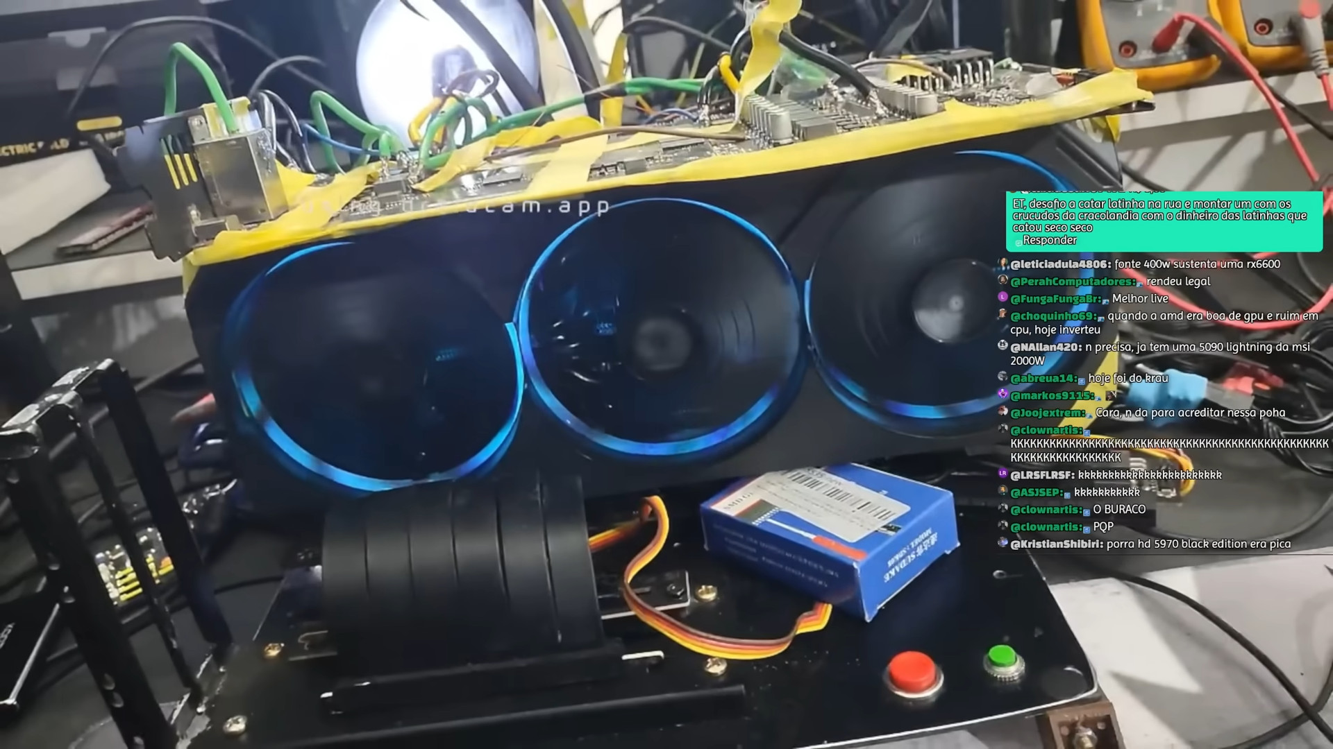 RTX 5070 Ti repaired GPU showing a mass of wires, soldering and yellow tape