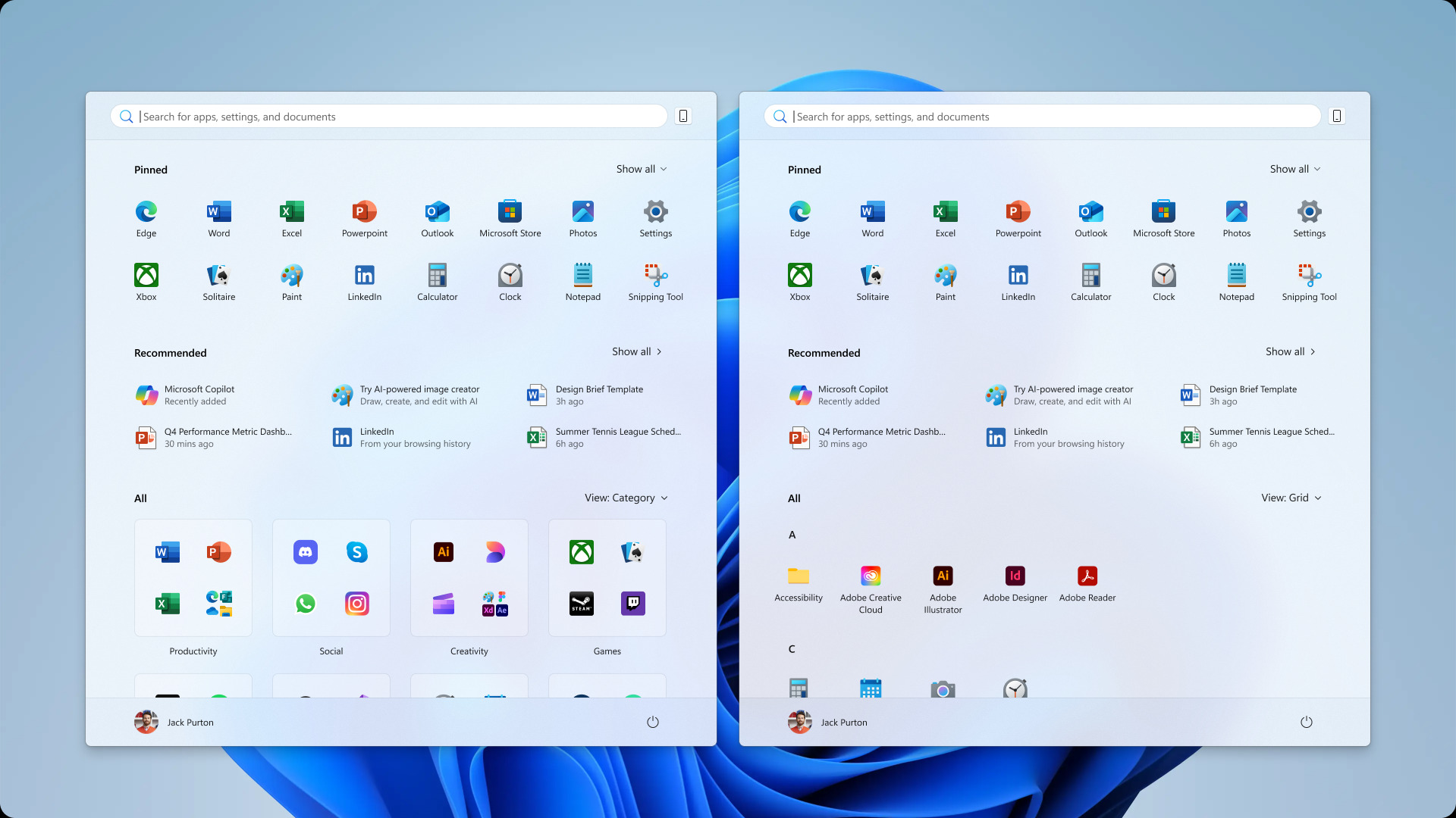 Image of new Windows 11 Start menu