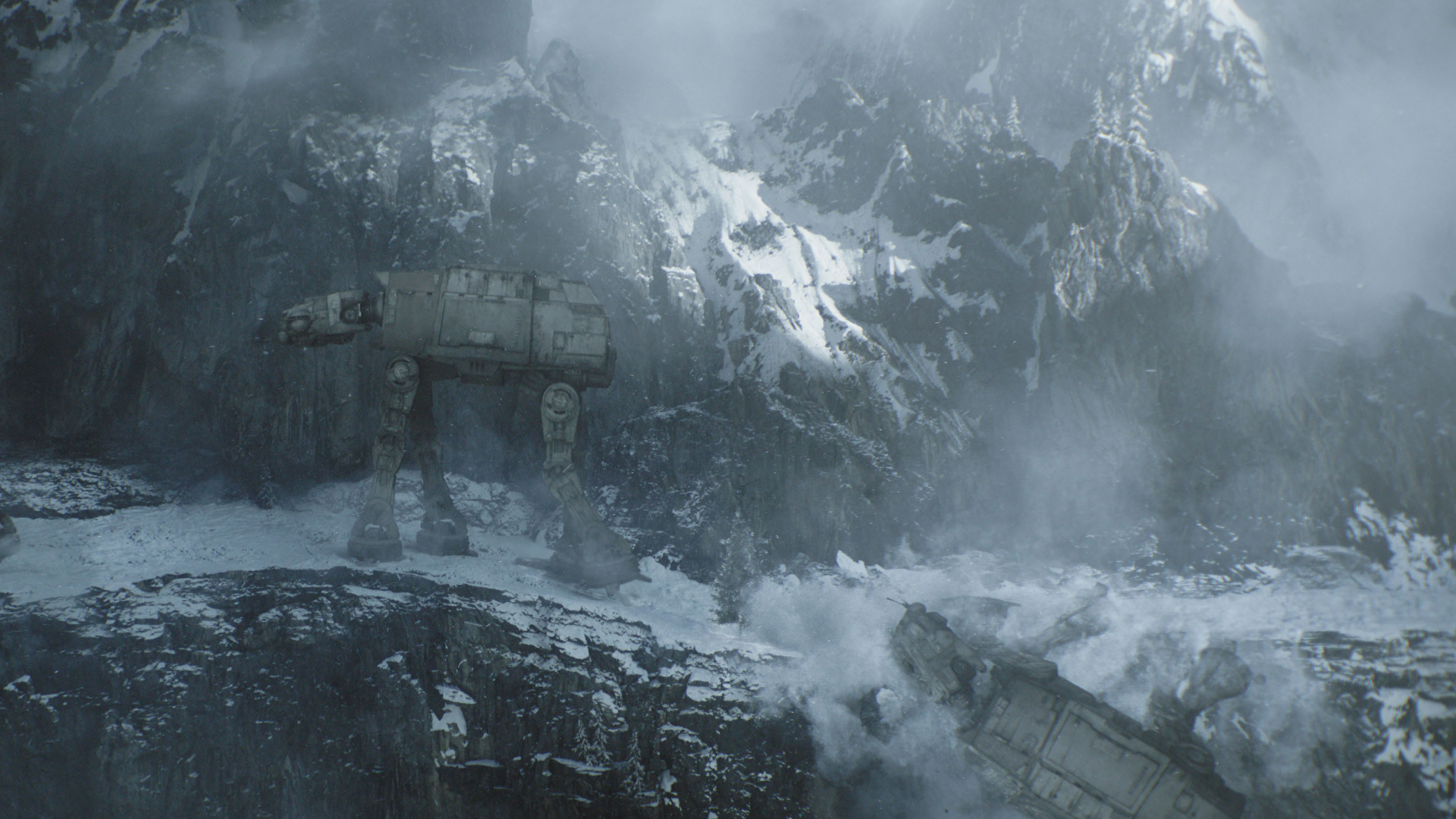 An AT-AT walker falling off a cliff as another walks along it in The Mandalorian and Grogu