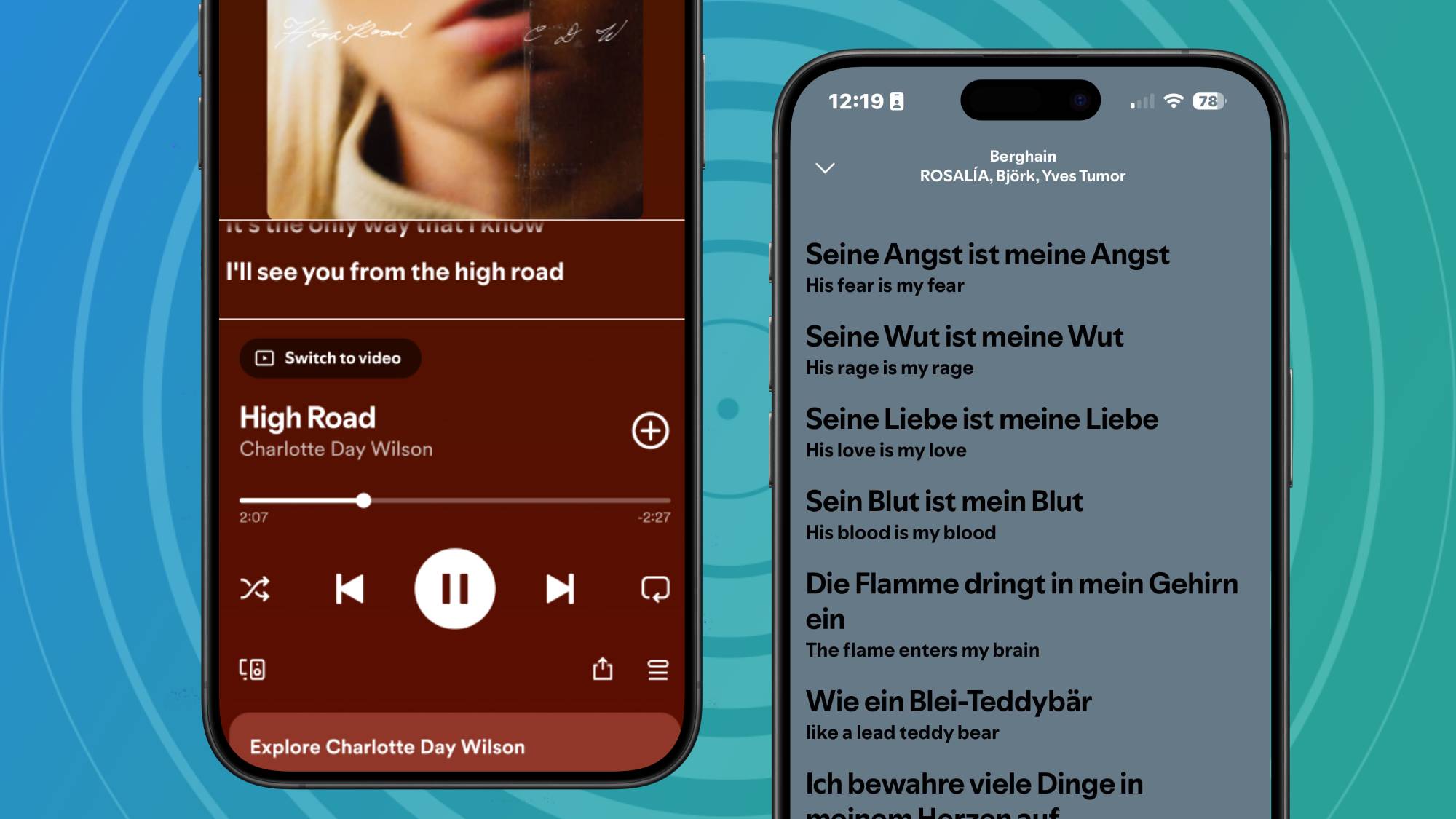 Two smartphones, one showing the new Spotify Lyrics tab and the other showing lyric translations