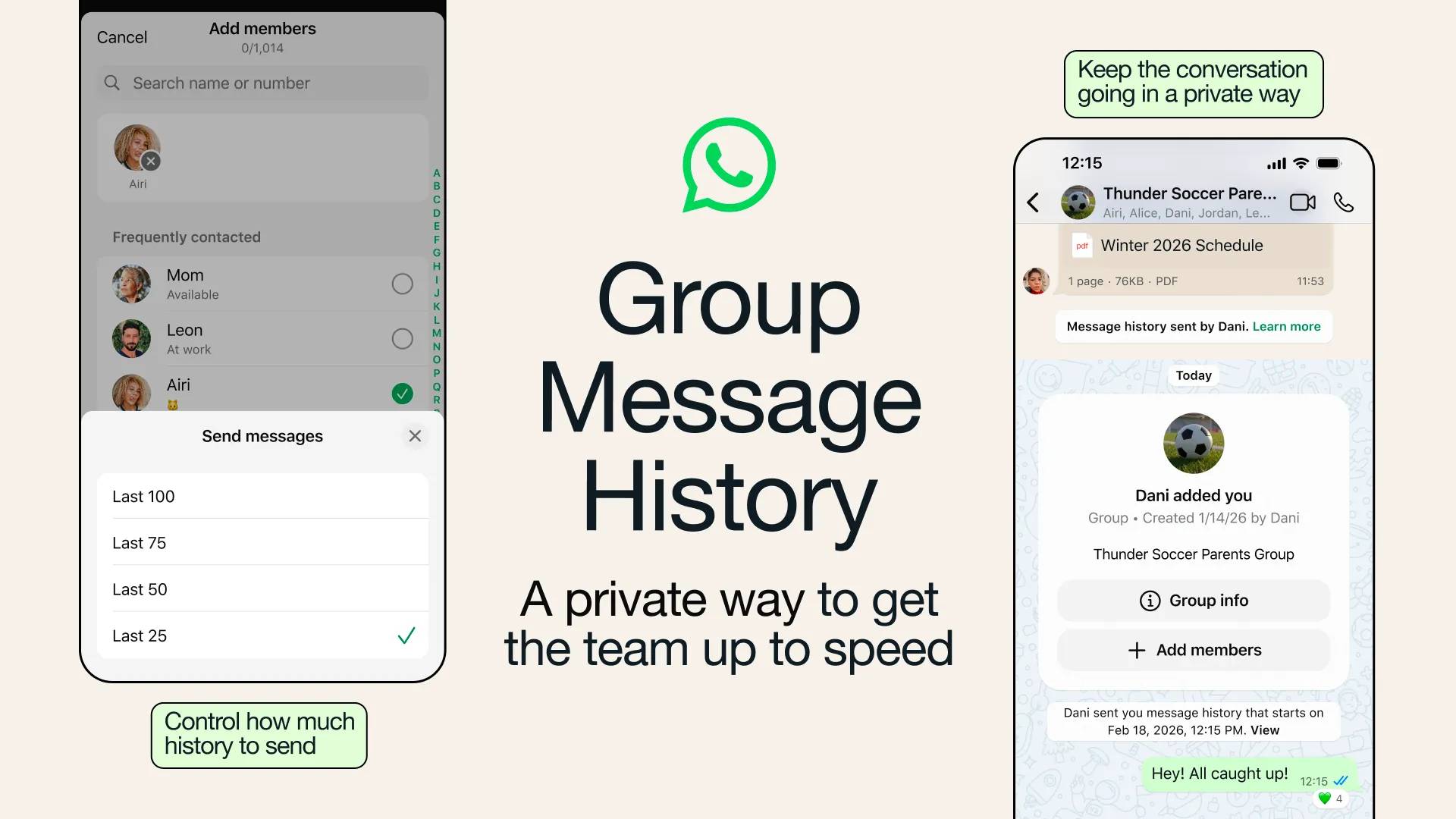 Two smartphones with the new Group Message History tool in WhatsApp