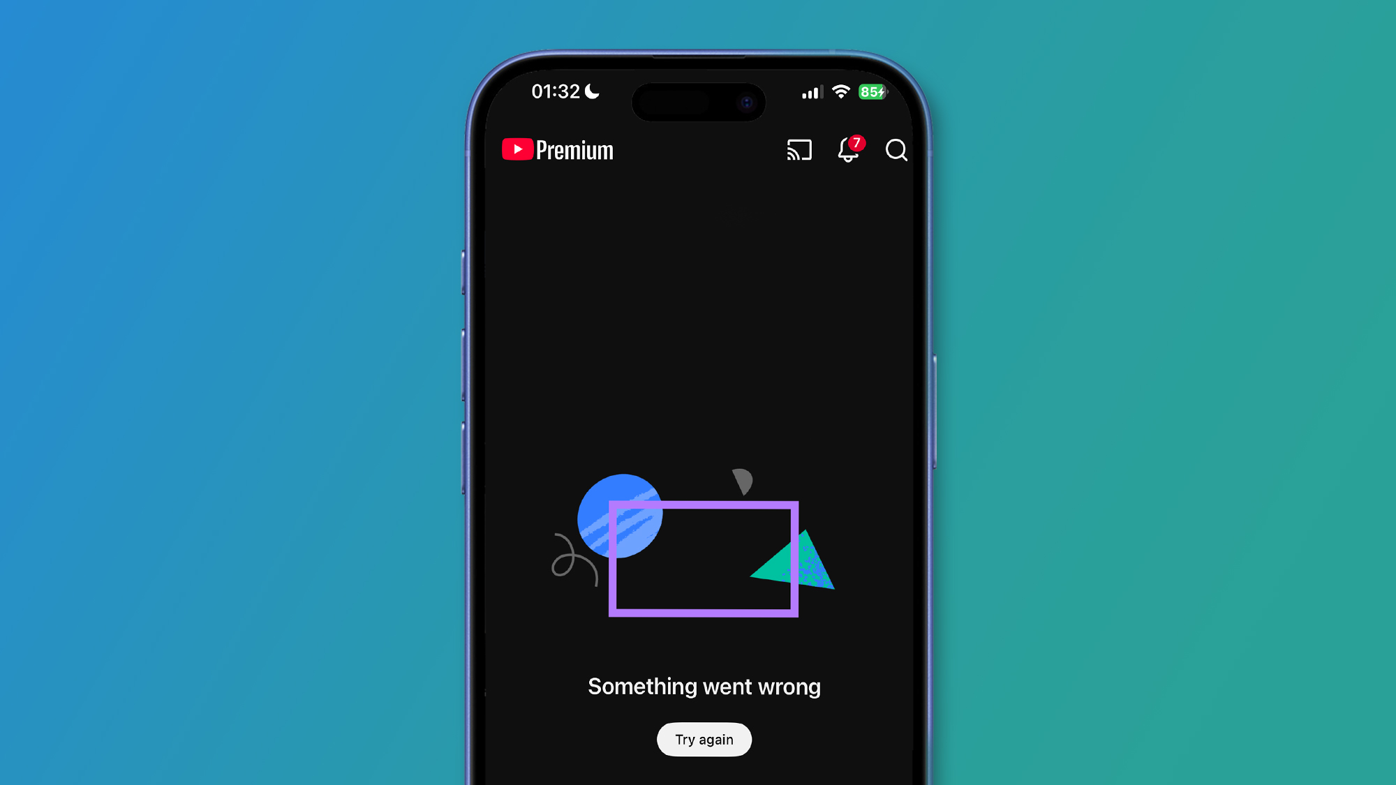 A phone on a blue and green background showing a YouTube outage