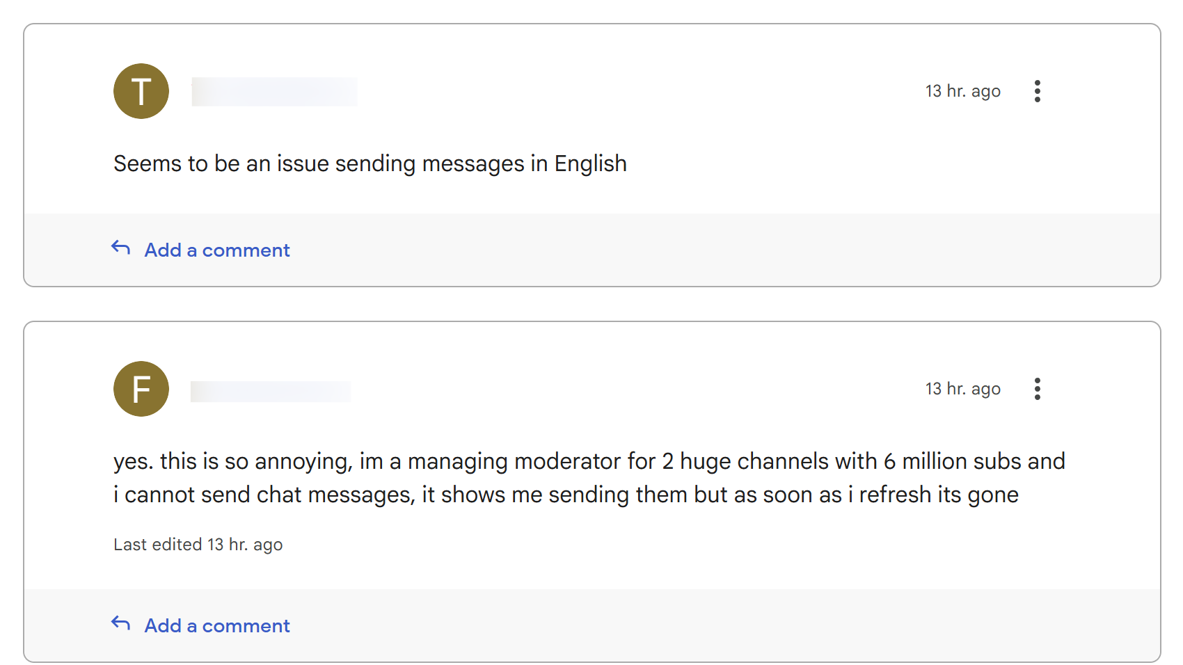 Screenshot of YouTube help comments