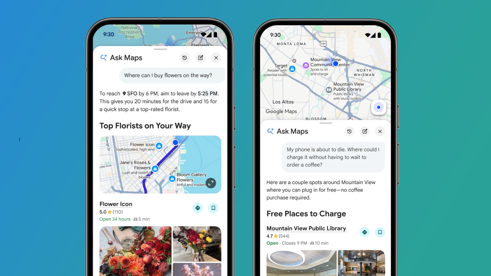 Two phones on a blue and green background showing the Google Maps app