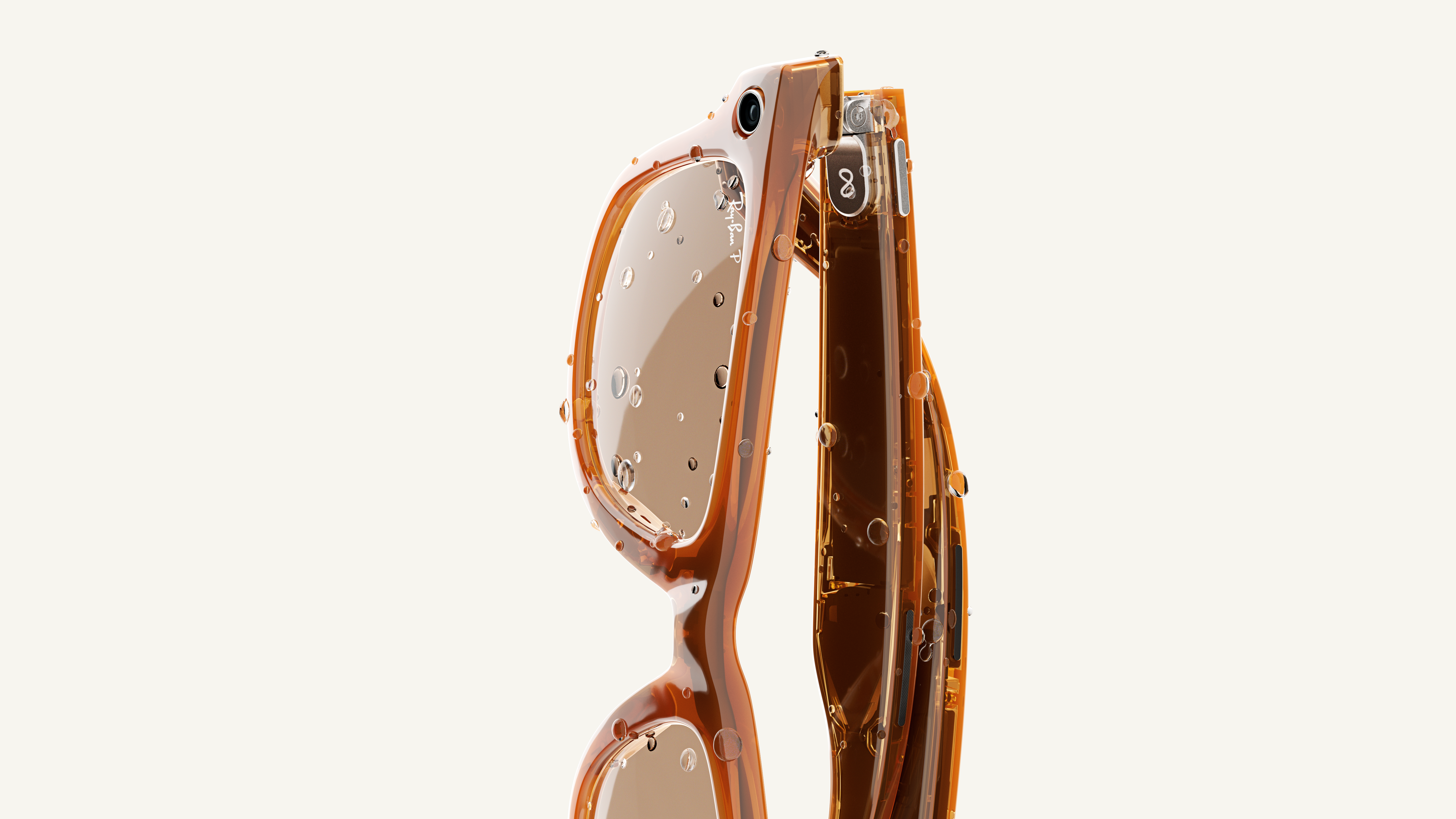 A pair of glasses from the Ray-Ban Meta Smart Glasses Collection with water drops