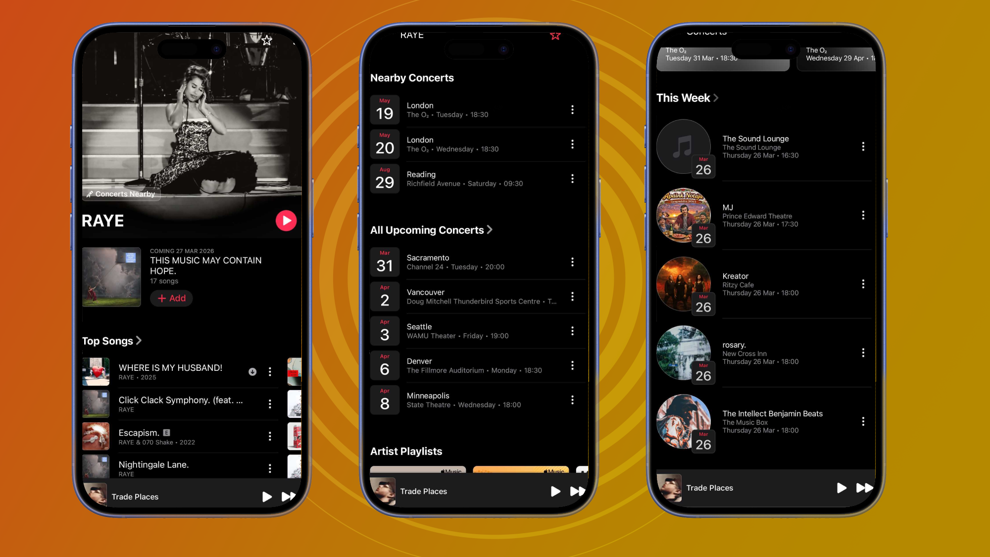 Apple Music screenshots of the new Concerts page, showcasing upcoming gigs for various artists