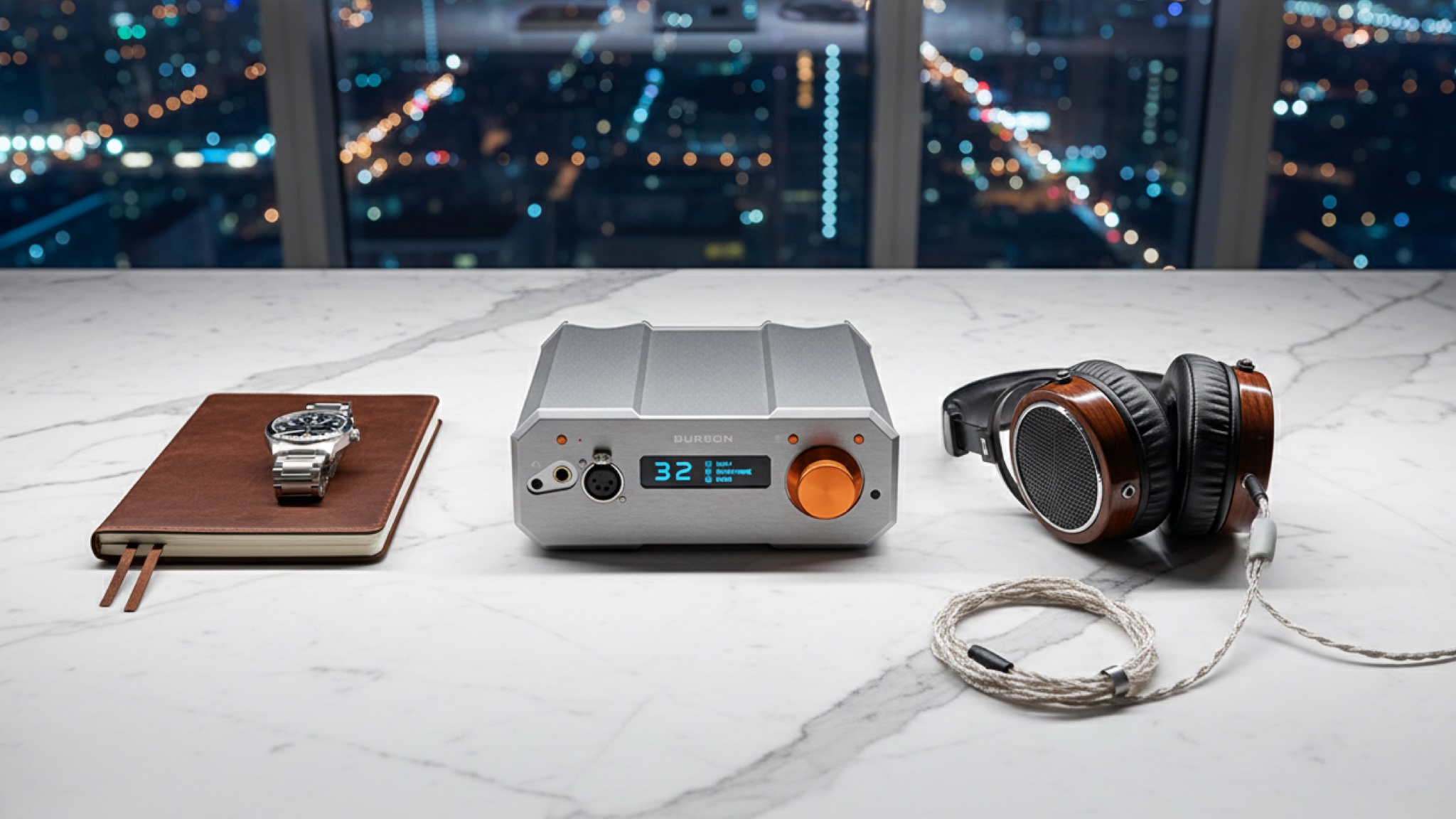 Burson Audio Soloist Stellar on a marble-effect surface with a city visible through the window behind. It's sat next to a notebook and a nice-looking pair of headphones