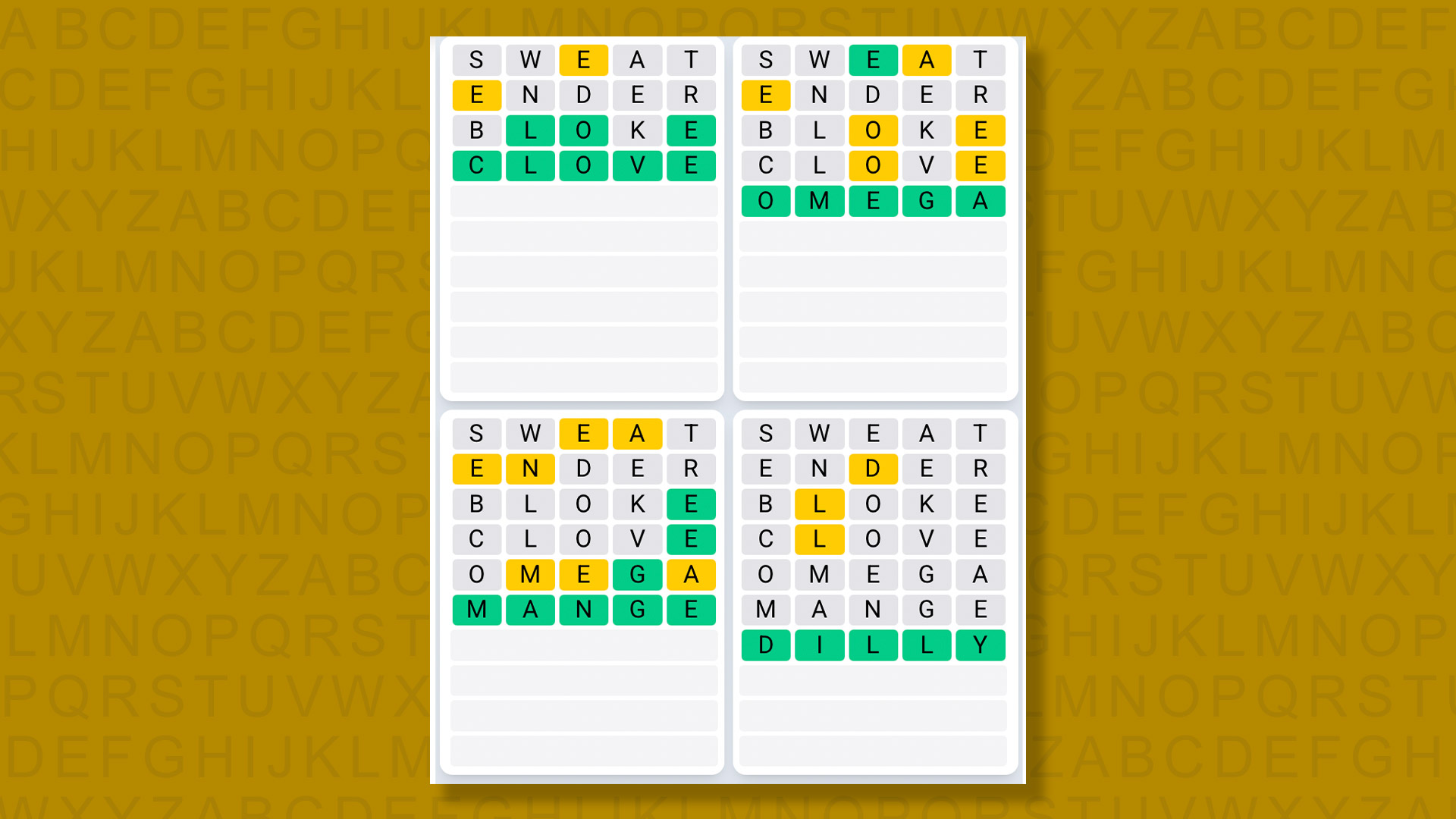 Quordle Daily Sequence answers for game 1516 on a yellow background