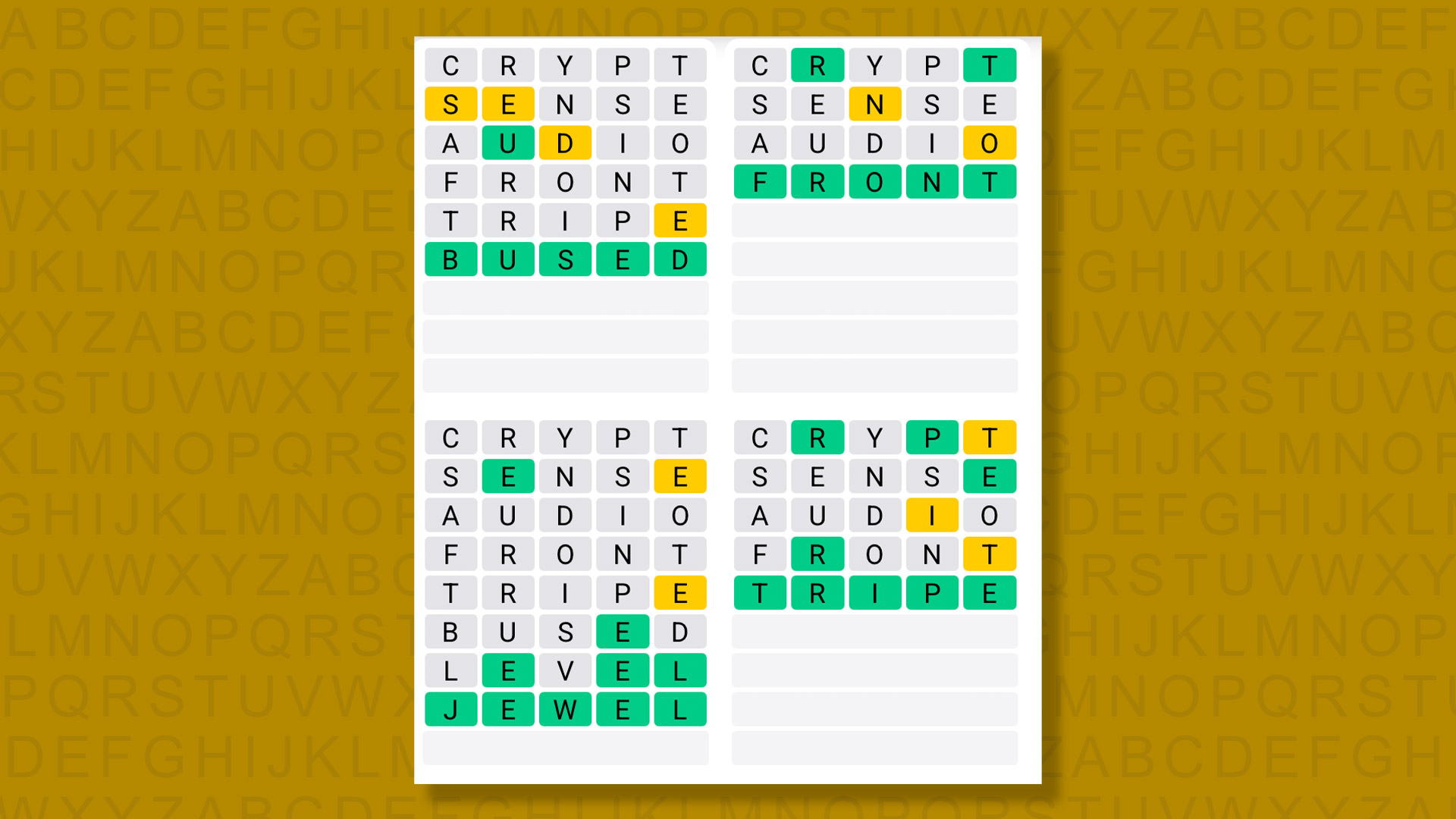 Quordle answers for game 1516 on a yellow background