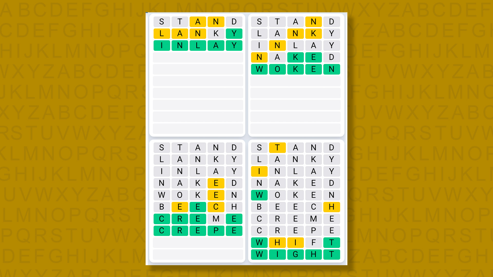 Quordle Daily Sequence answers for game 1512 on a yellow background