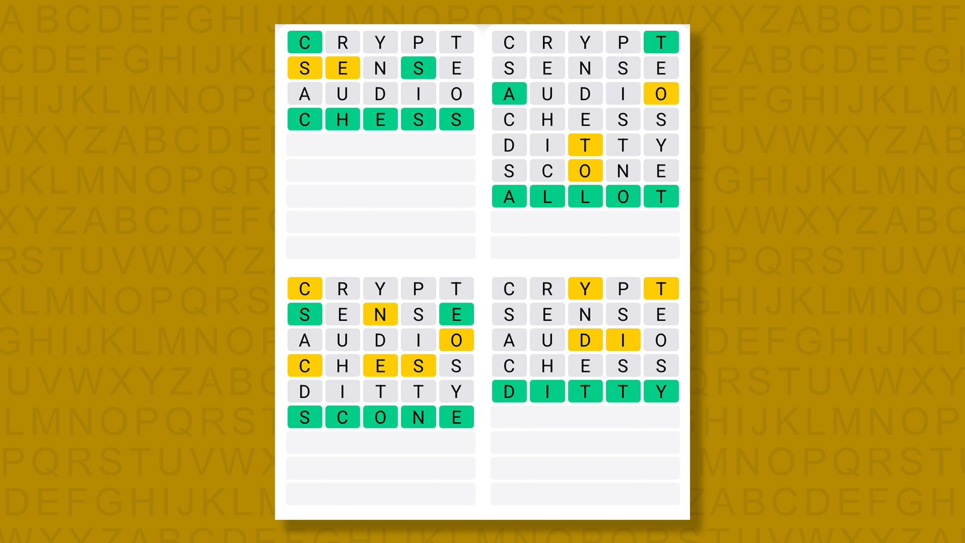 Quordle answers for game 1526 on a yellow background