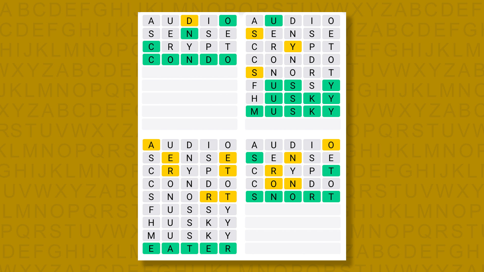Quordle answers for game 1510 on a yellow background