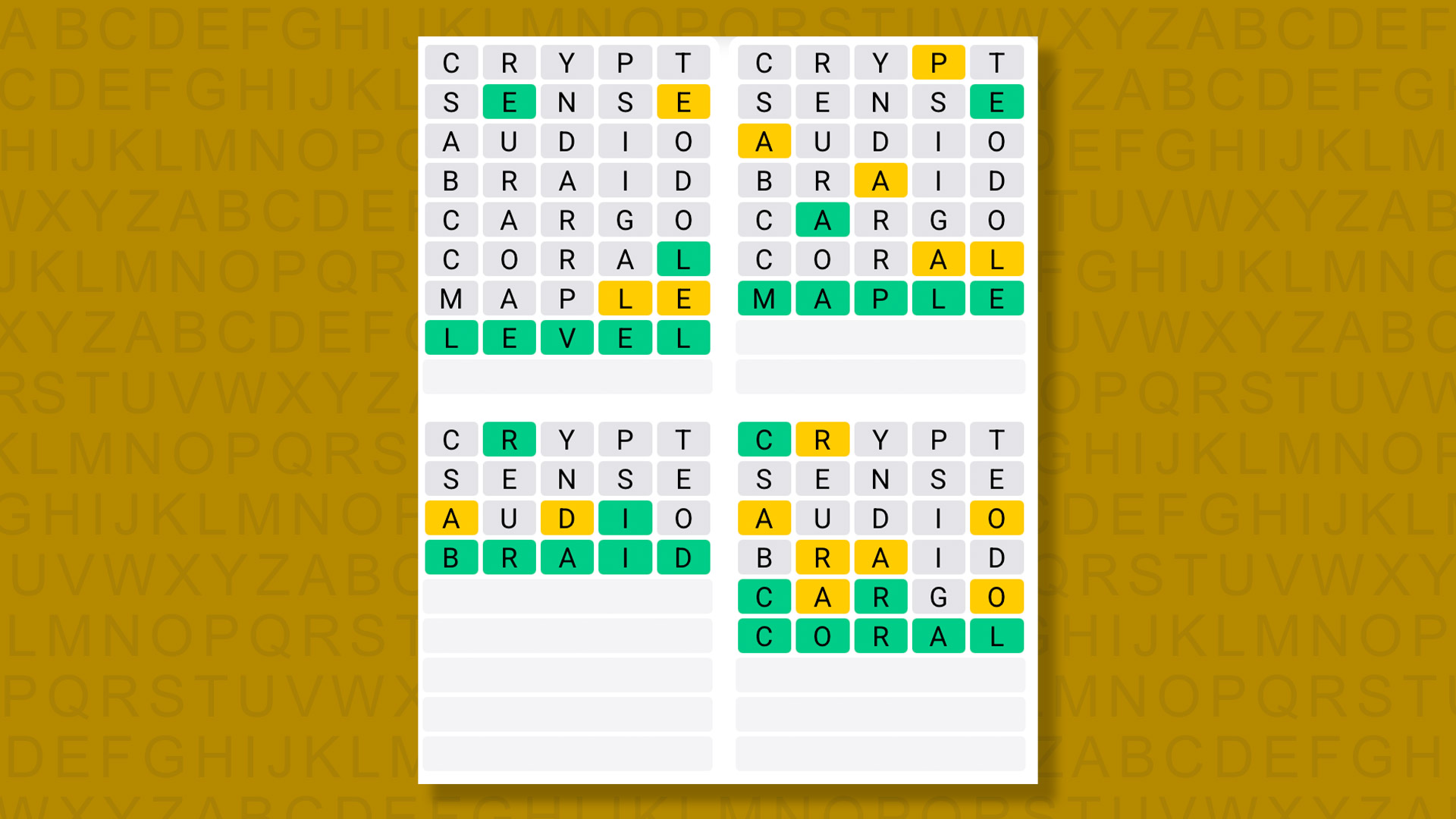 Quordle answers for game 1517 on a yellow background