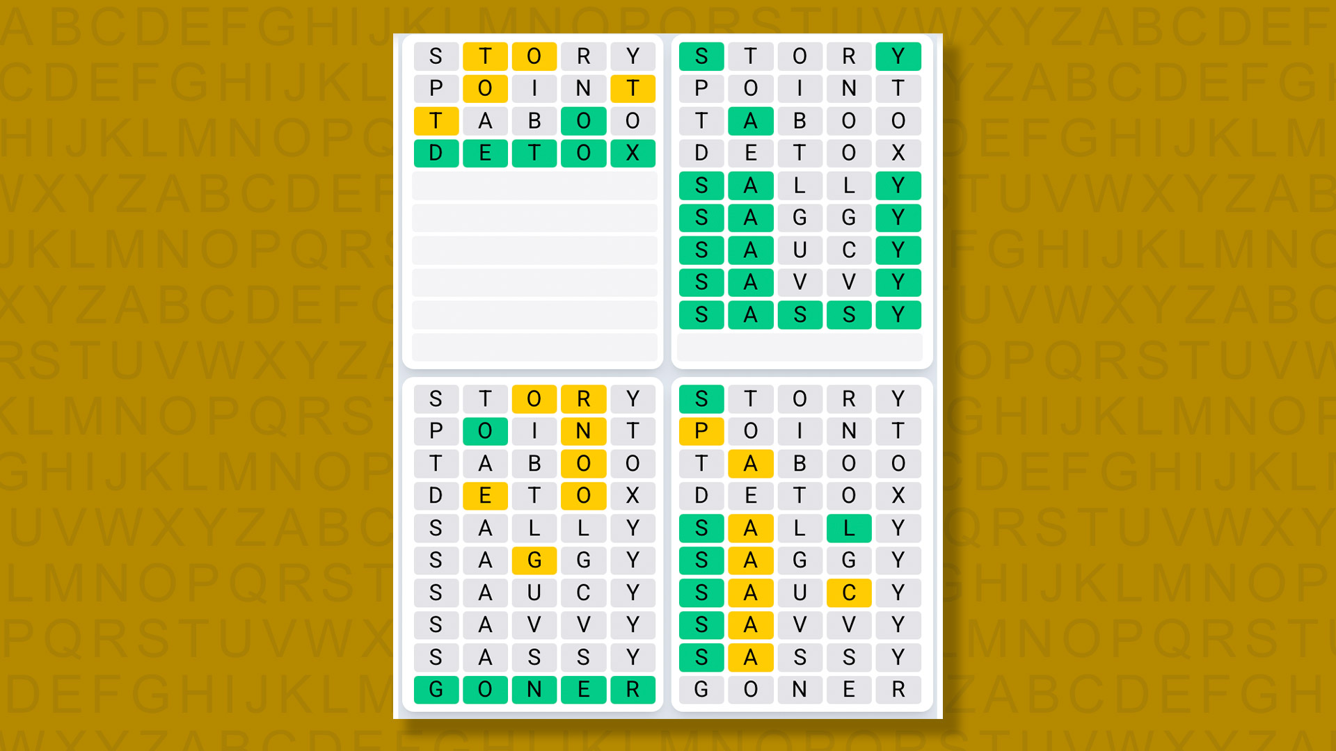 Quordle Daily Sequence answers for game 1524 on a yellow background