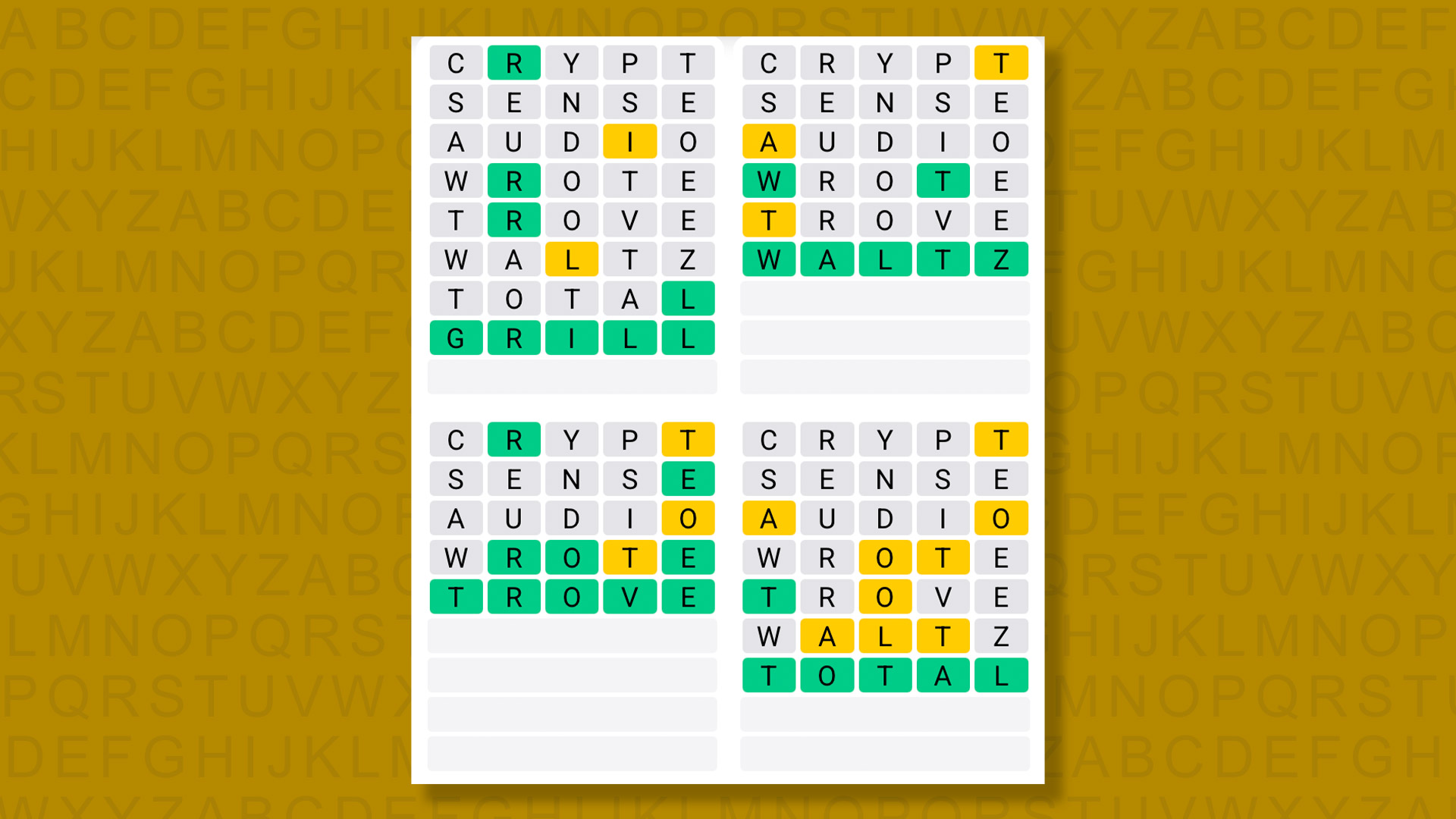 Quordle answers for game 1511 on a yellow background