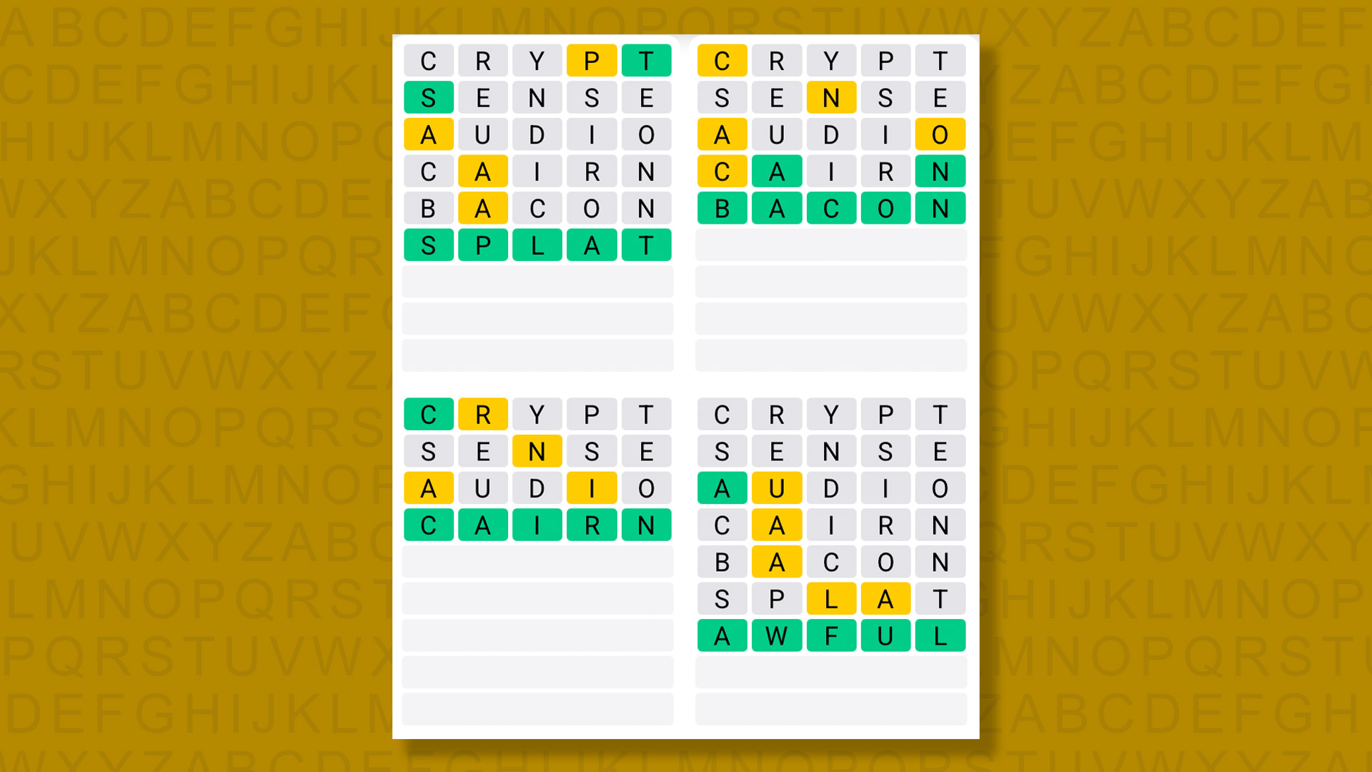 Quordle answers for game 1518 on a yellow background