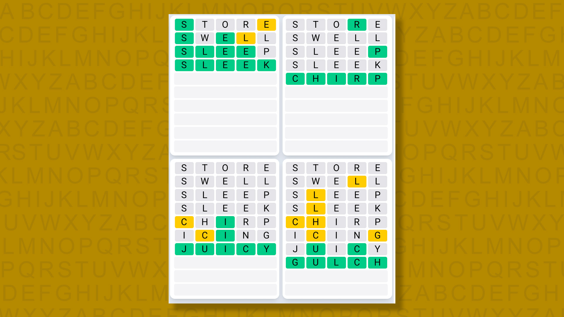 Quordle Daily Sequence answers for game 1525 on a yellow background