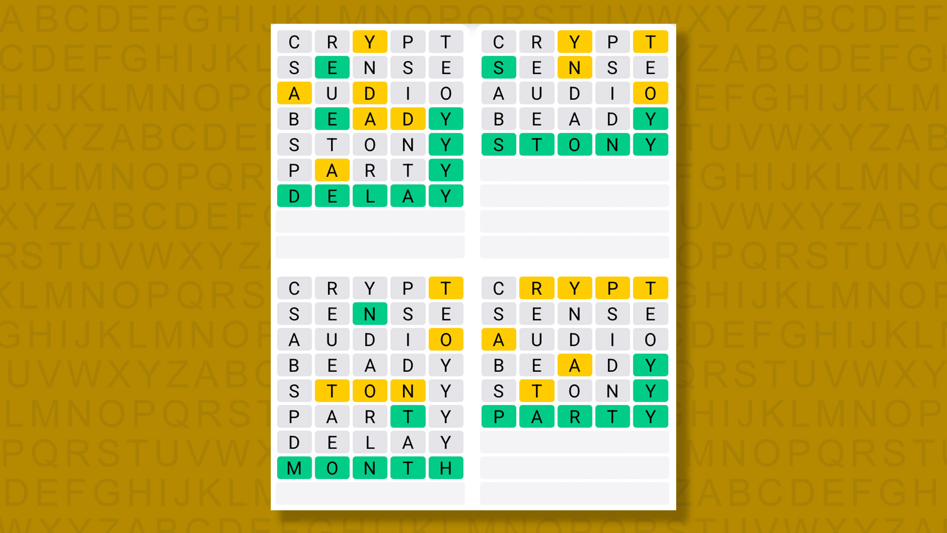 Quordle answers for game 1525 on a yellow background