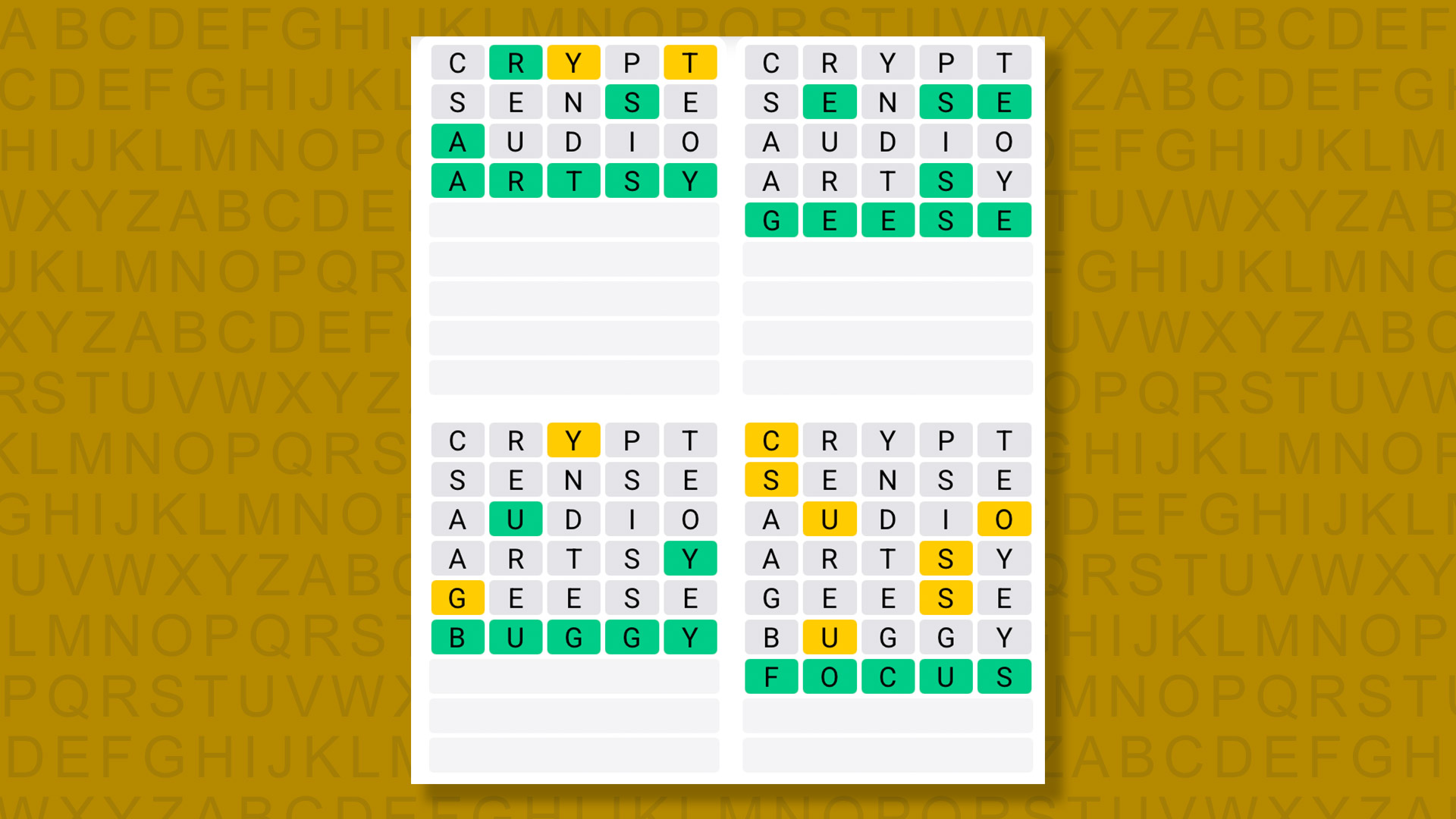 Quordle answers for game 1508 on a yellow background