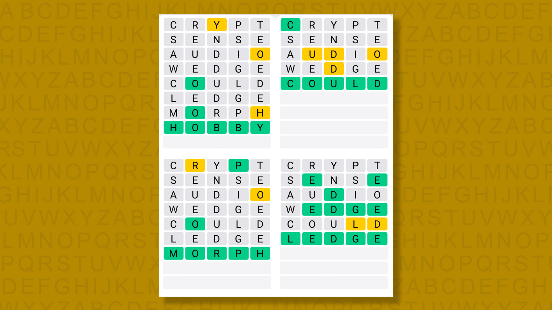 Quordle answers for game 1522 on a yellow background