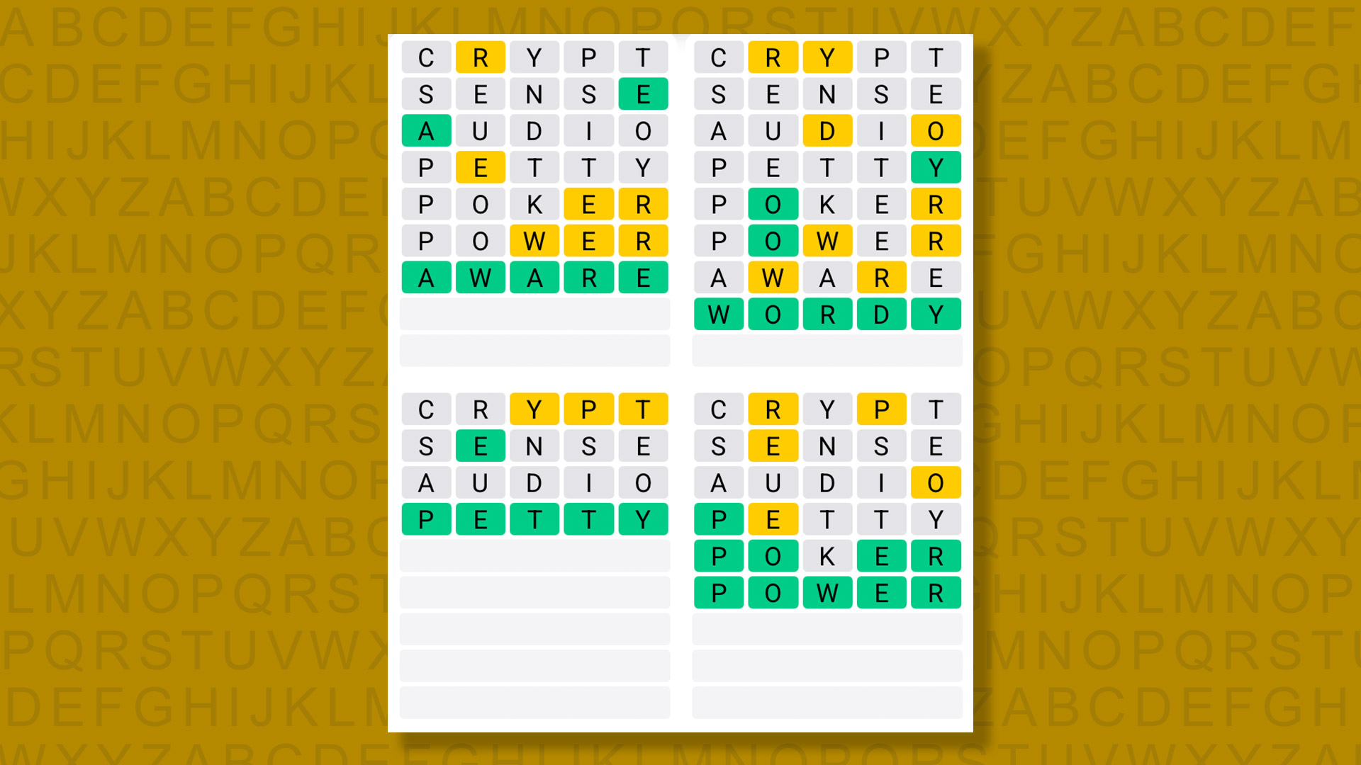 Quordle answers for game 1506 on a yellow background