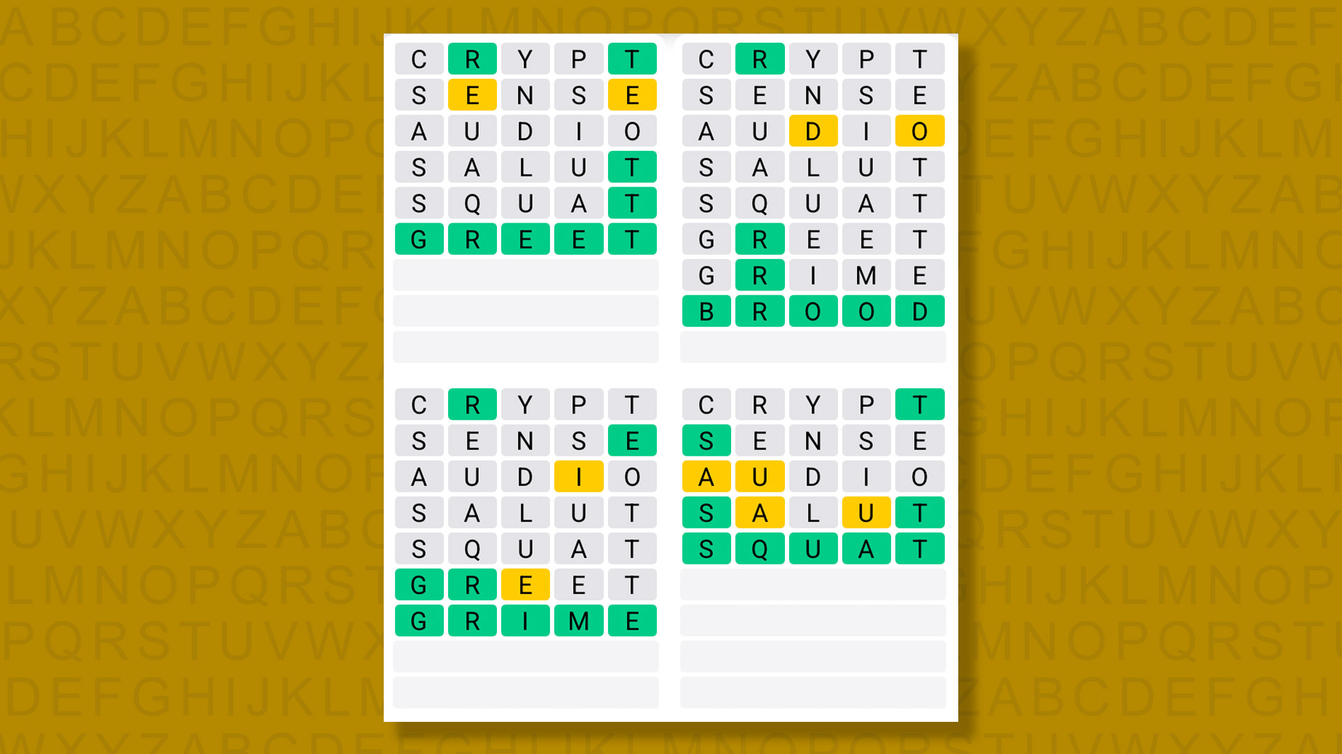 Quordle answers for game 1513 on a yellow background