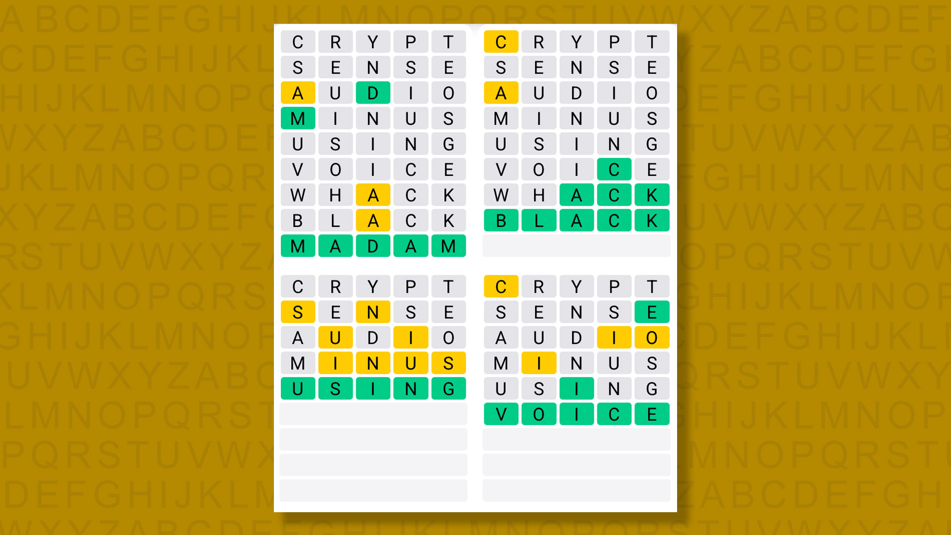 Quordle answers for game 1520 on a yellow background