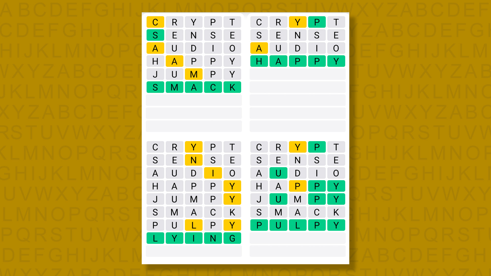 Quordle answers for game 1527 on a yellow background