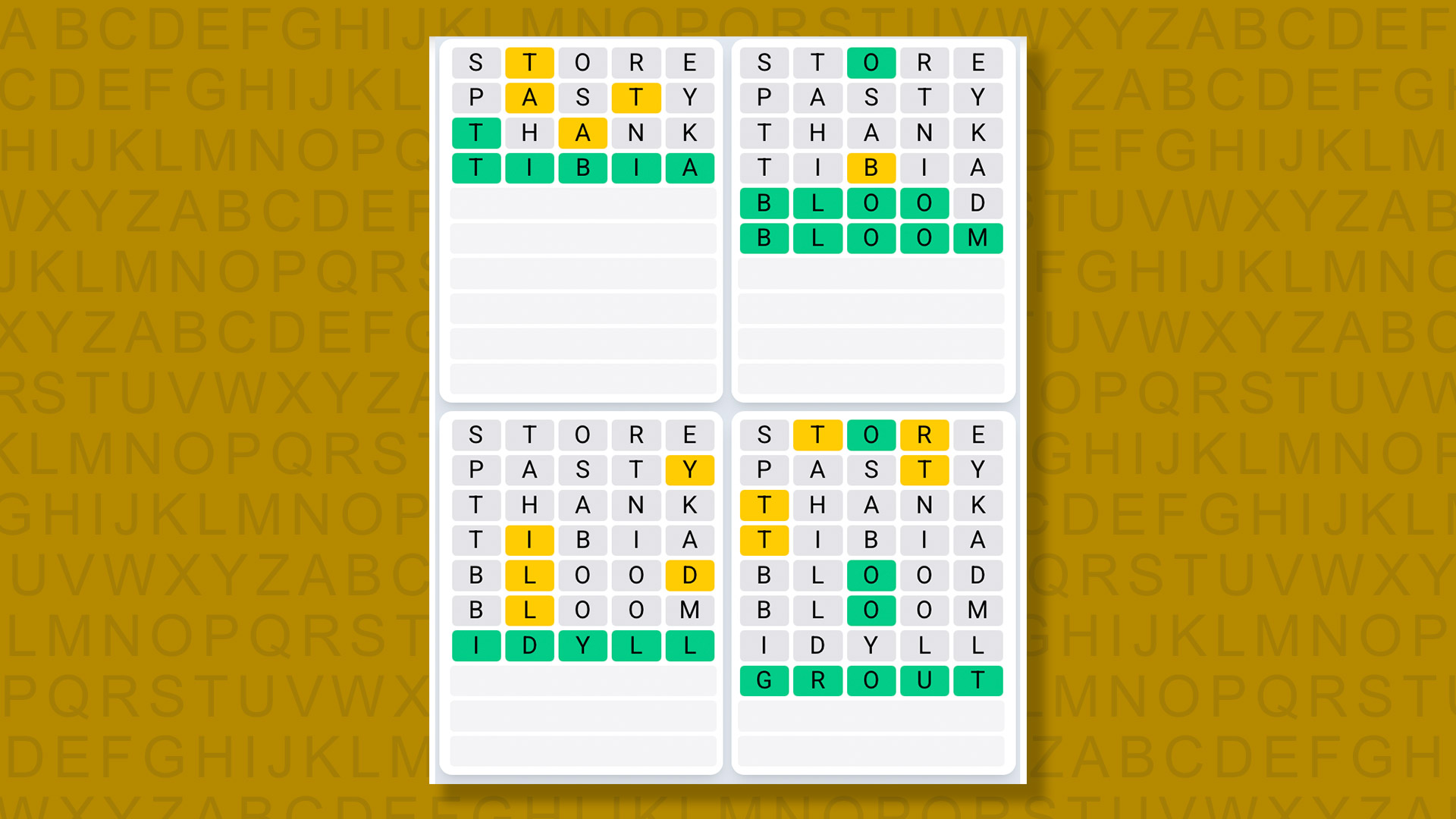 Quordle Daily Sequence answers for game 1507 on a yellow background
