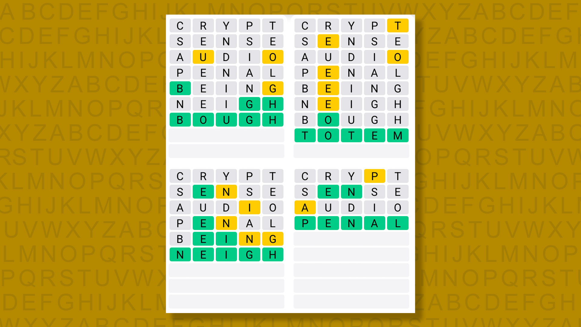 Quordle answers for game 1507 on a yellow background