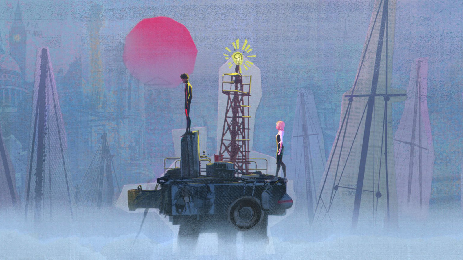 Miles and Gwen standing on a rooftop in Spider-Man: Beyond the Spider-Verse