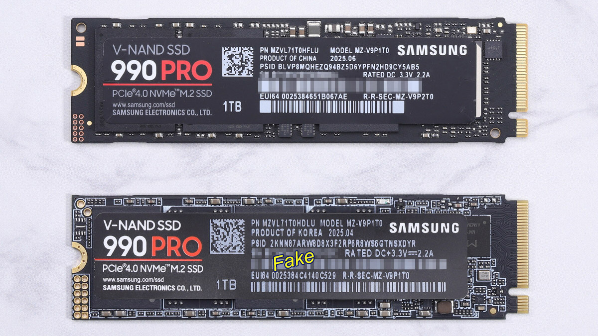 Fake Samsung 990 Pro SSD seen next to a real drive