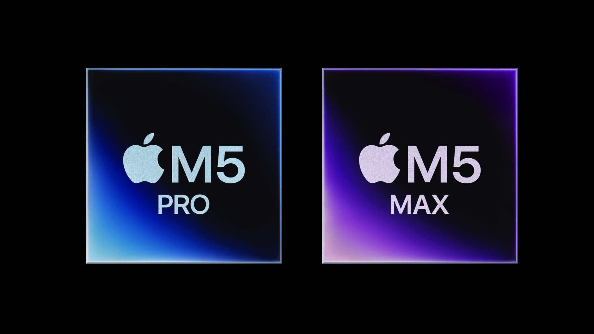 The Apple M5 Pro and M5 Max chips against a black background.