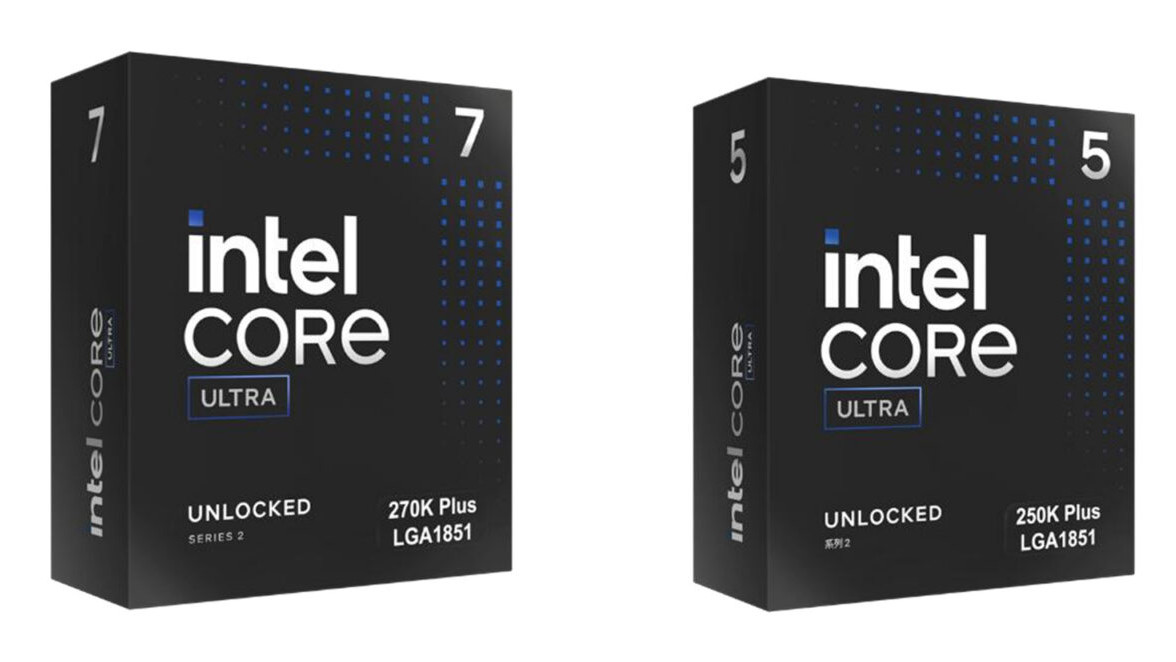 Intel Core Ultra 7 270K Plus and Core Ultra 5 250K Plus processors shown in boxes