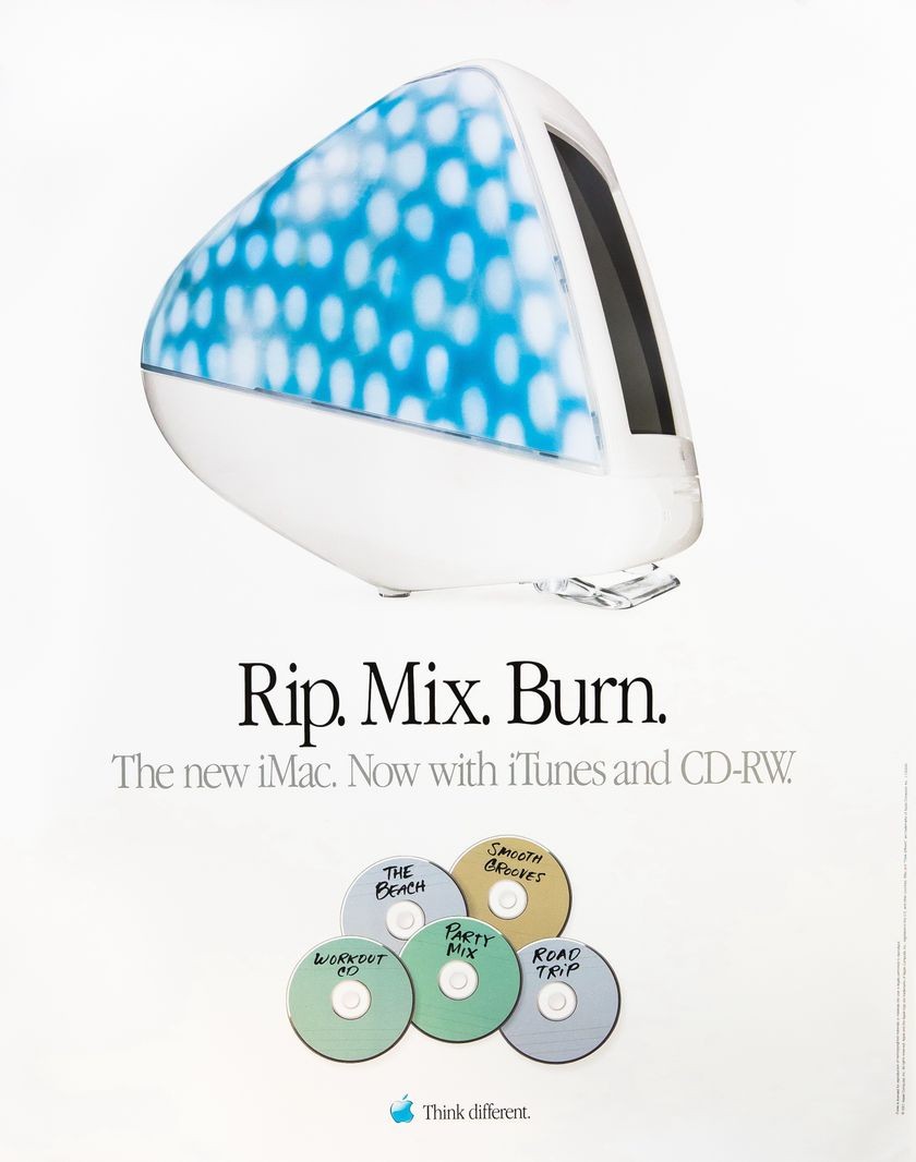 An Apple print advertisement for the iMac with Rip. Mix. Burn branding and five burnt CD-R discs below it.