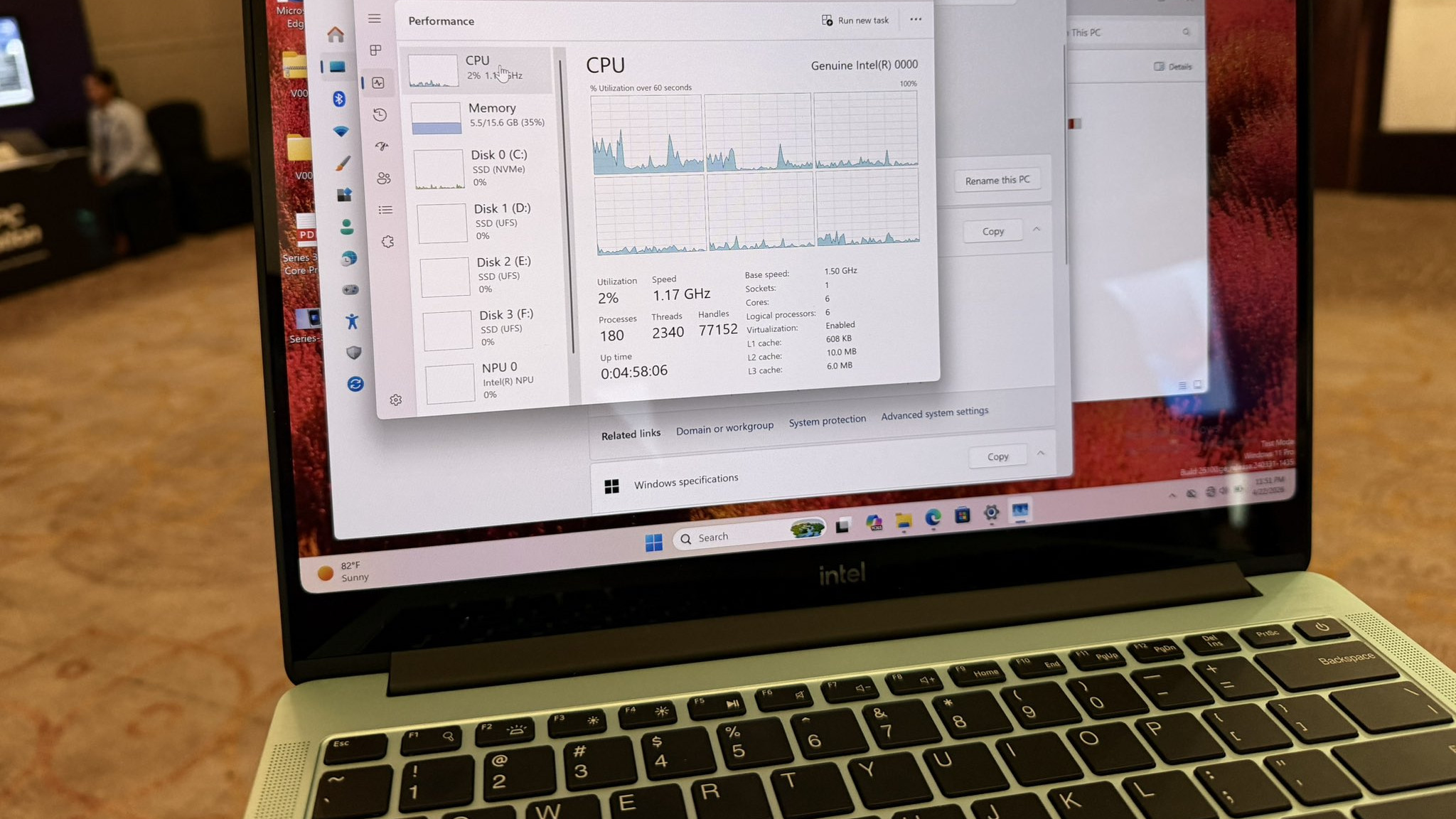 Intel Wildcat Lake laptop showing keyboard and screen