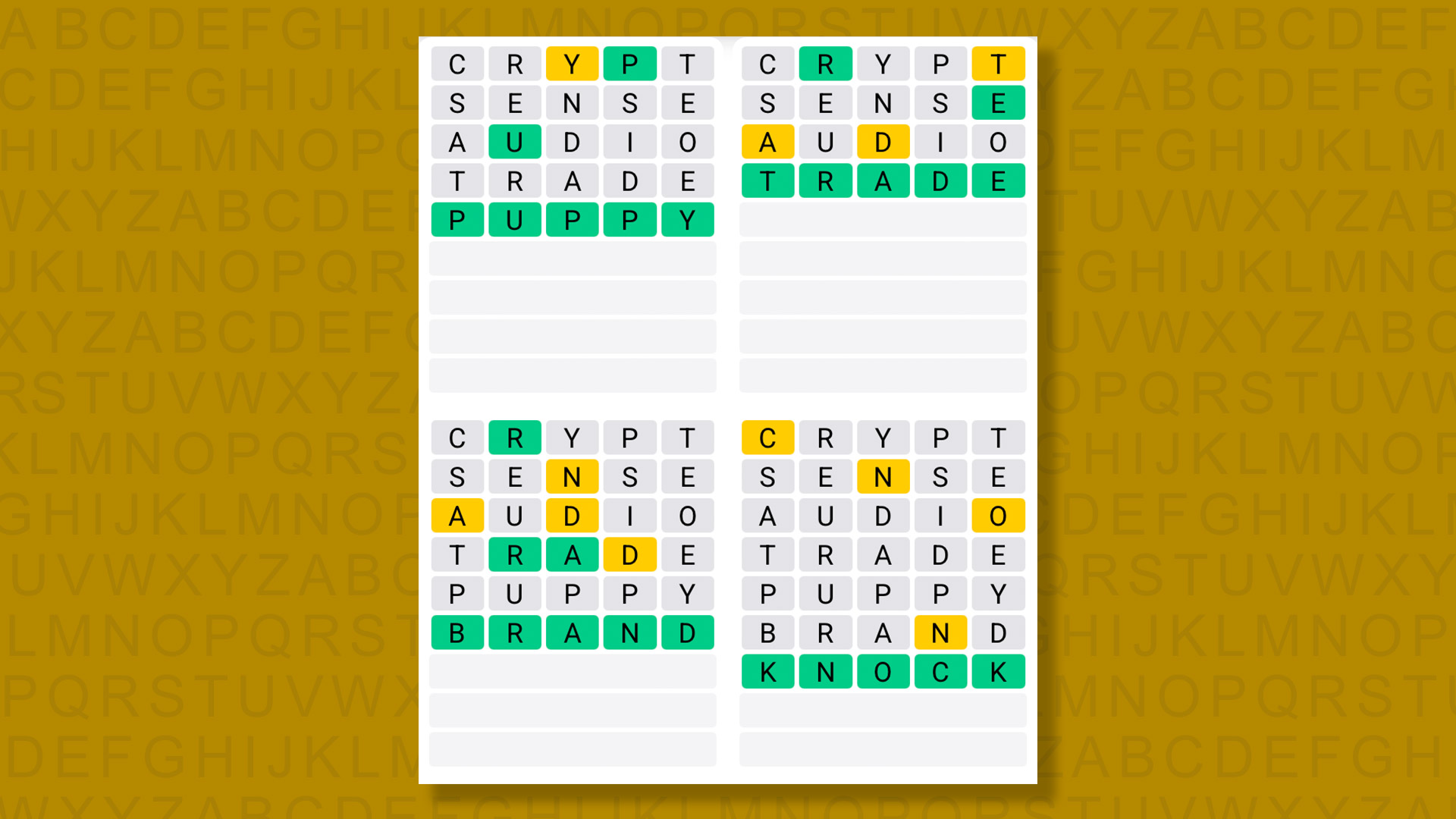 Quordle answers for game 1537 on a yellow background