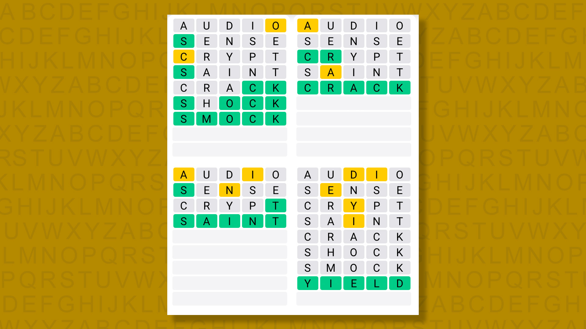 Quordle answers for game 1544 on a yellow background
